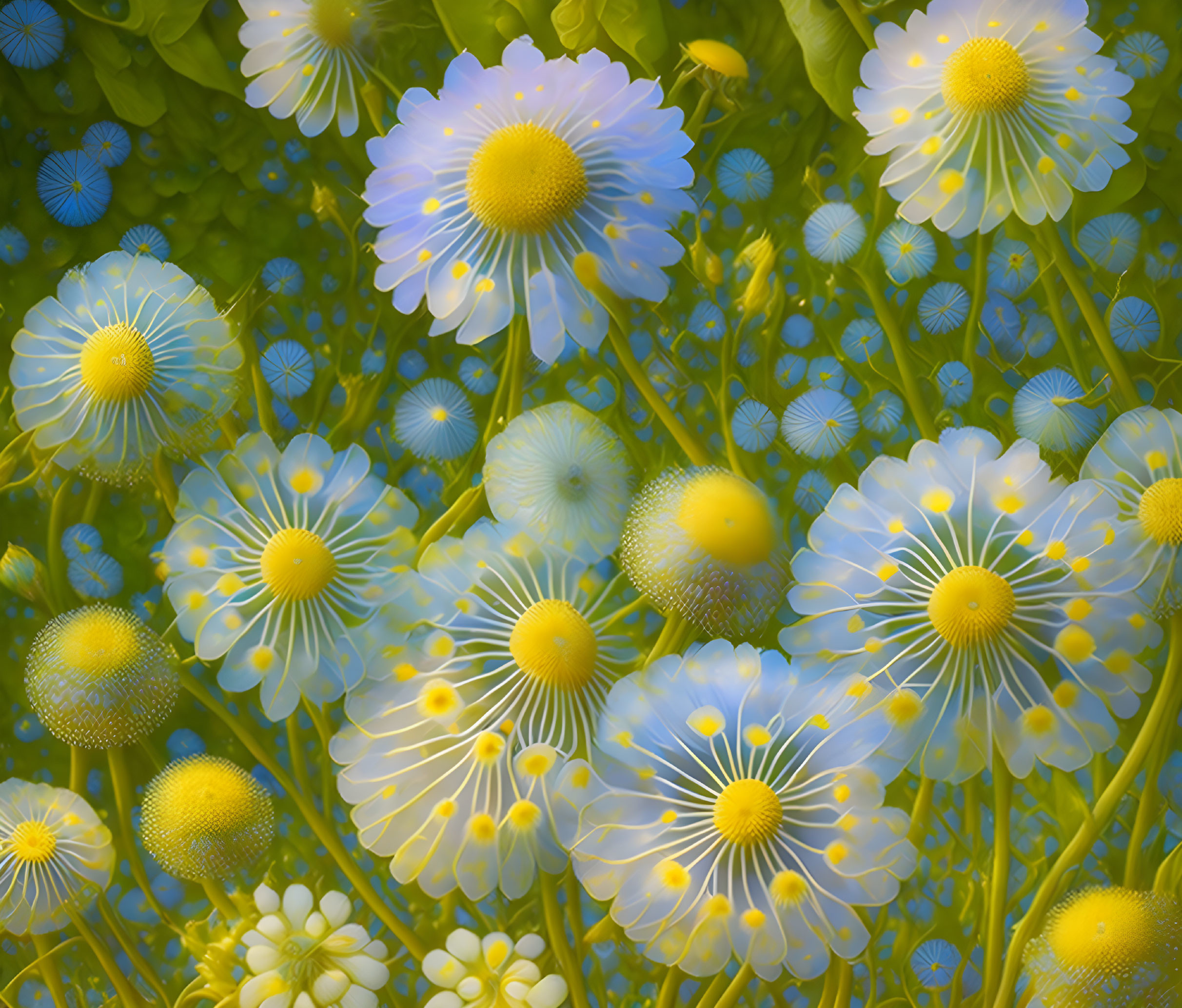 White and Yellow Flowers with Prominent Stamens on Green Background