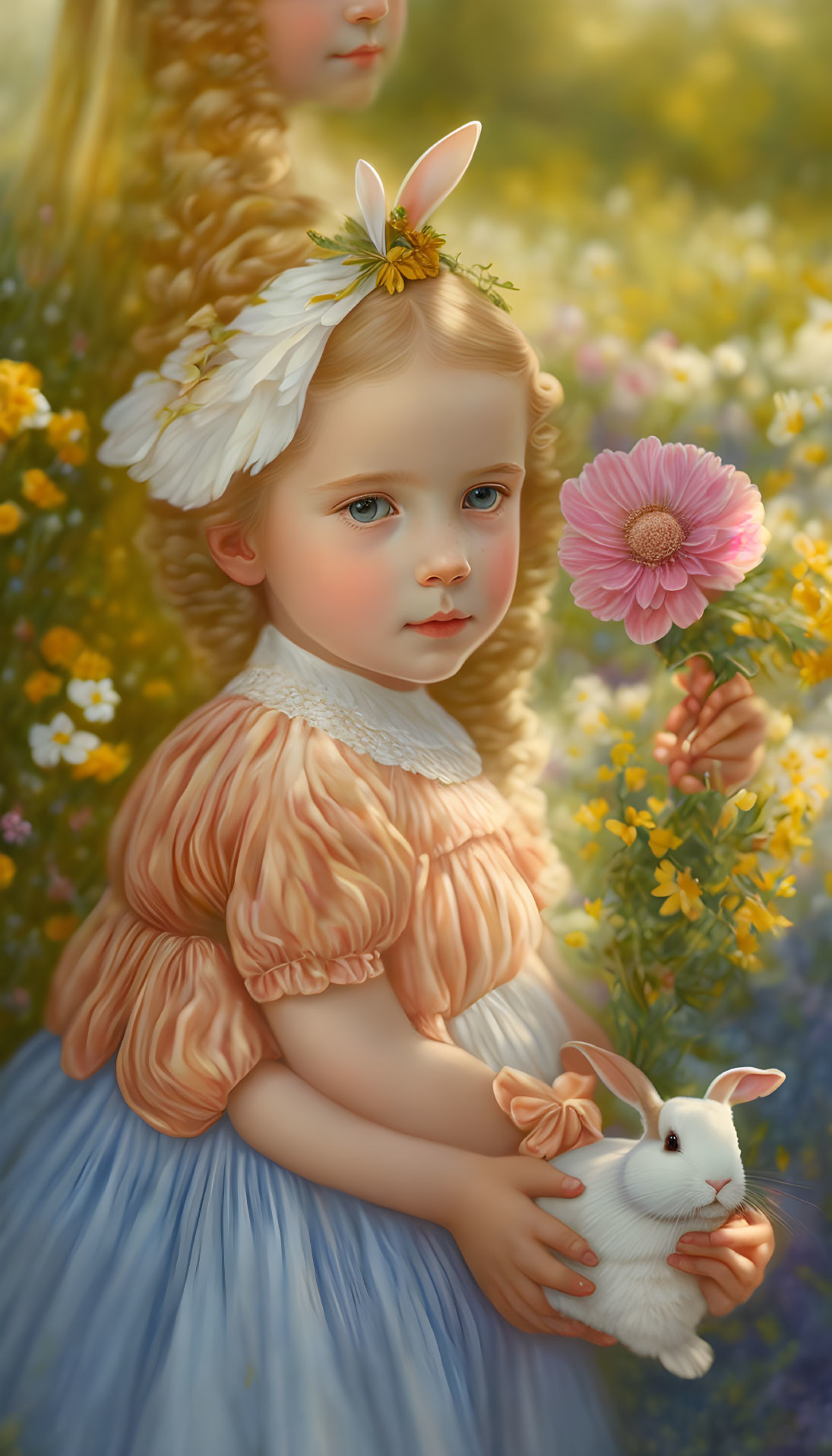 Young Girl with Floral Headband Holding White Rabbit in Vibrant Flower Field