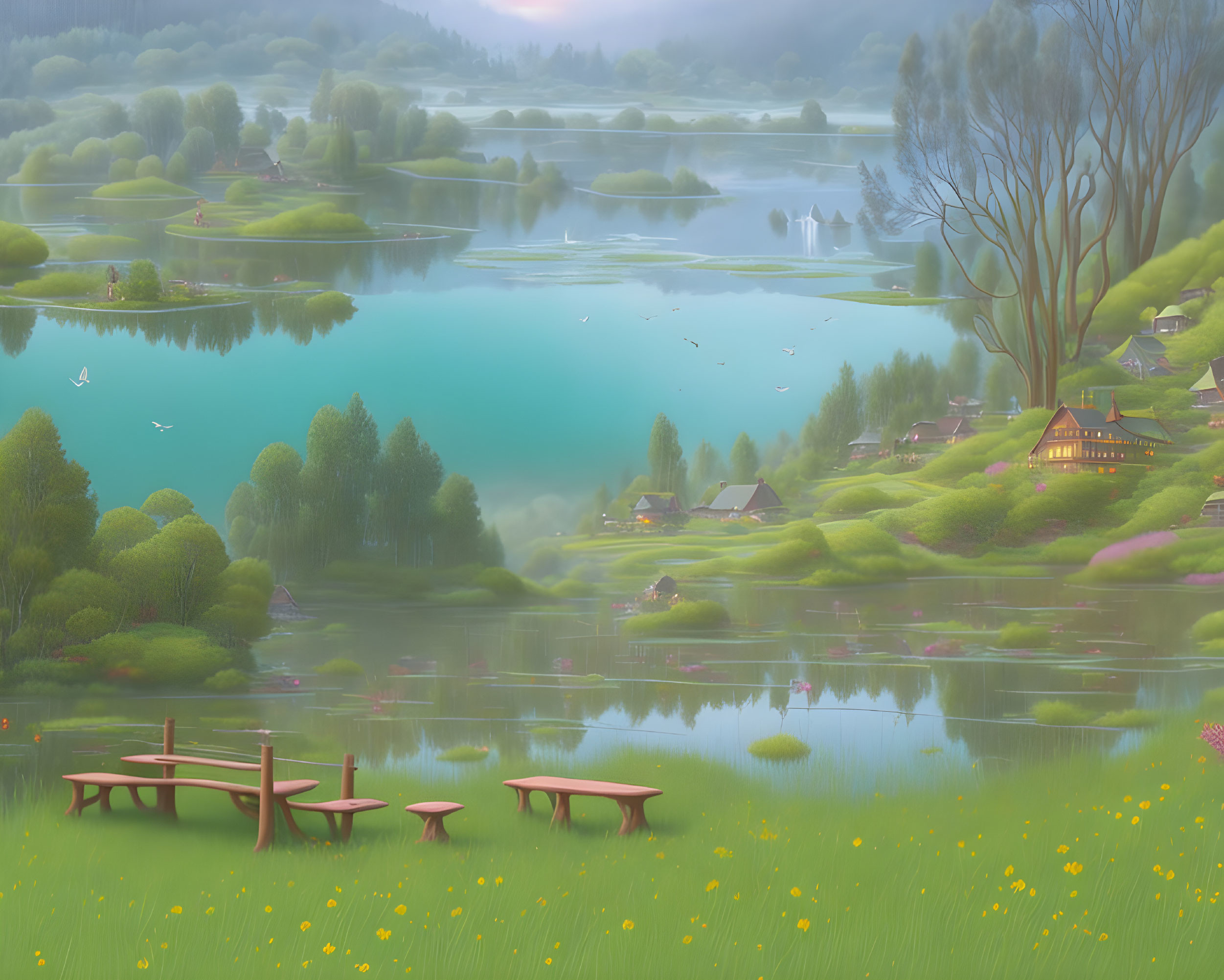 Tranquil lake amidst green hills and blooming flowers