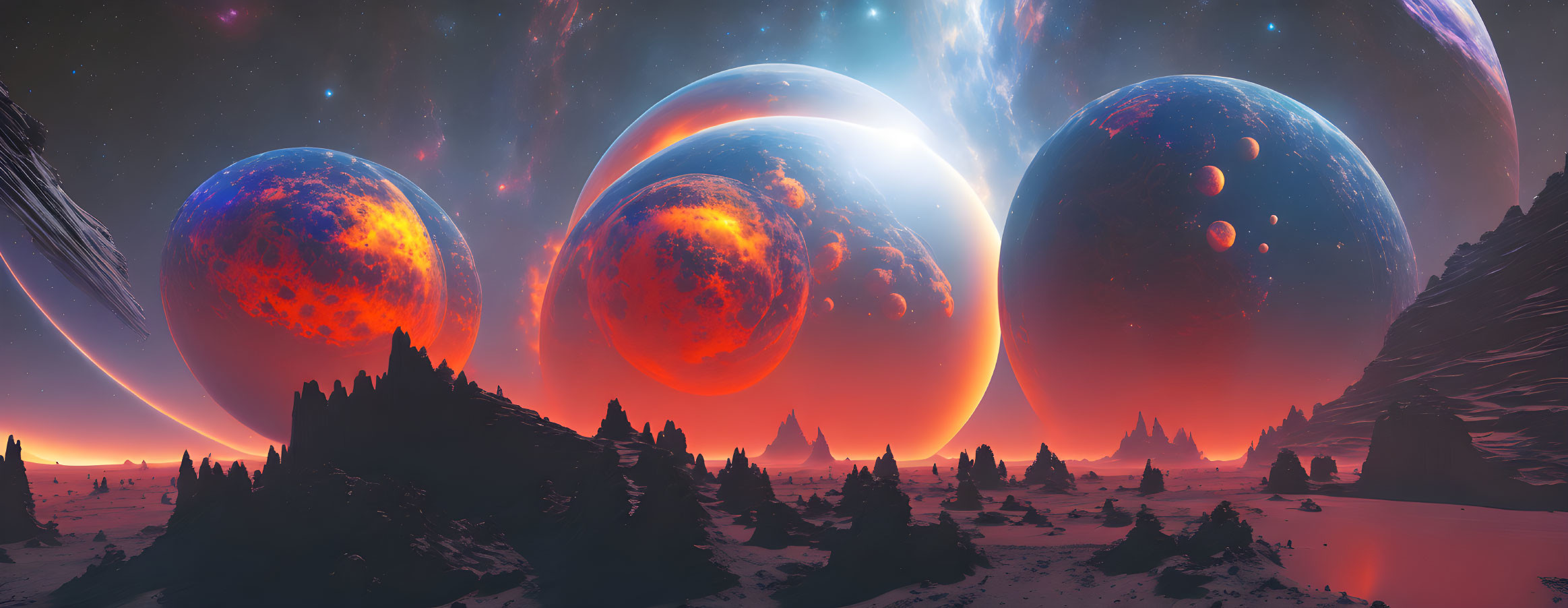 Alien landscape with large planets, rocky desert, star-filled sky