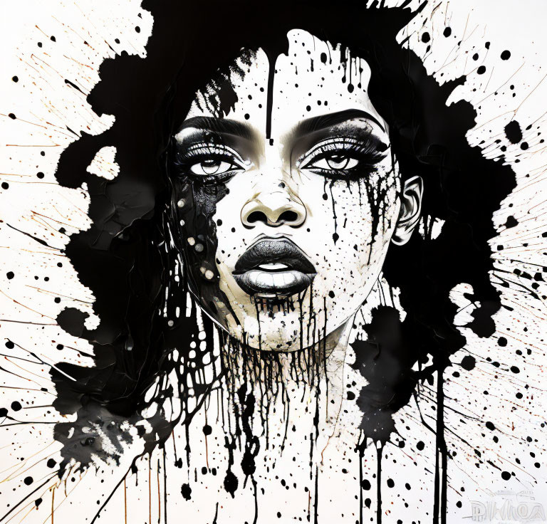 Monochrome portrait of woman with splattered ink effects