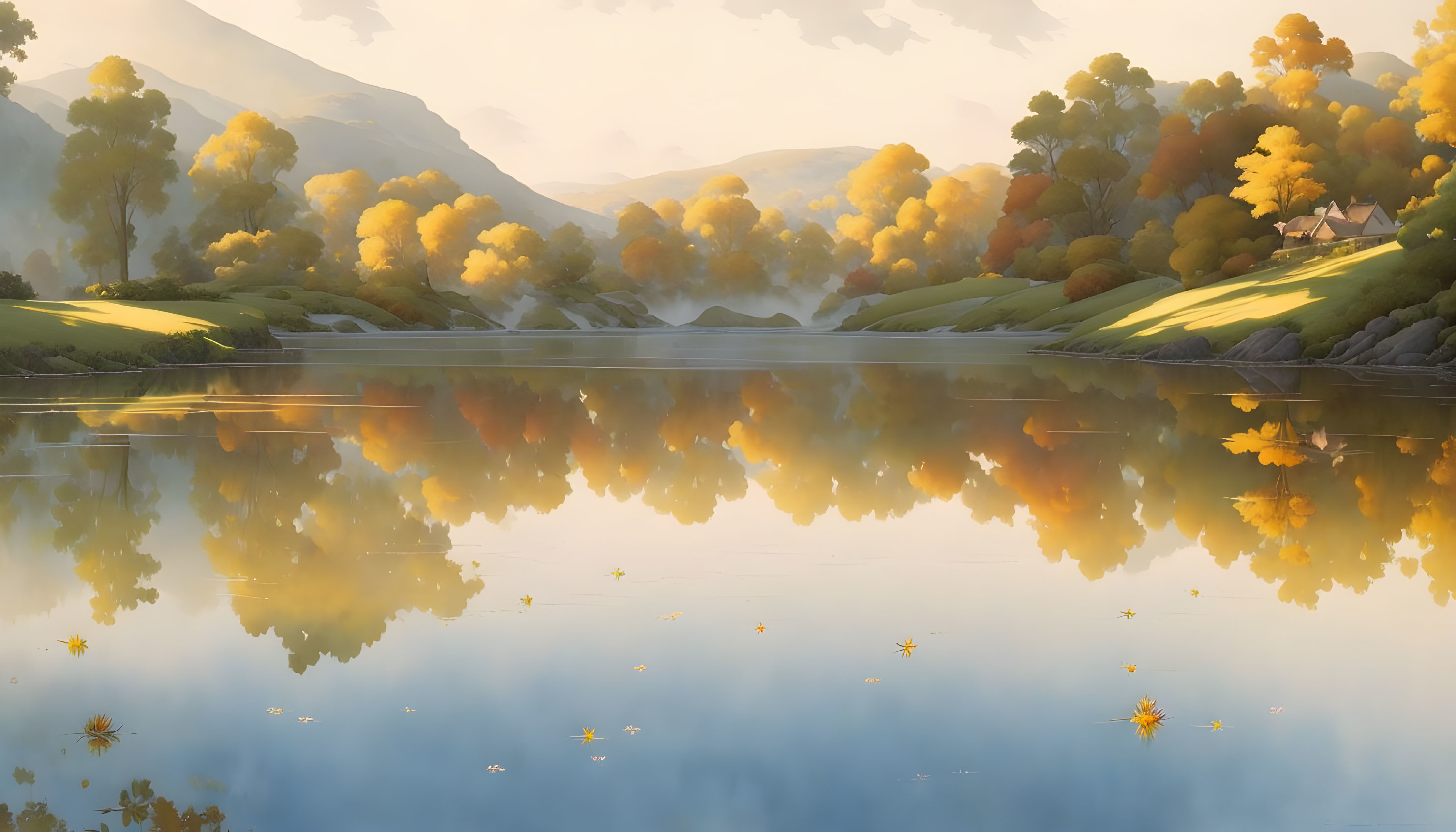 Tranquil autumn landscape: mirror-like lake, golden foliage, gentle hills, small cottage