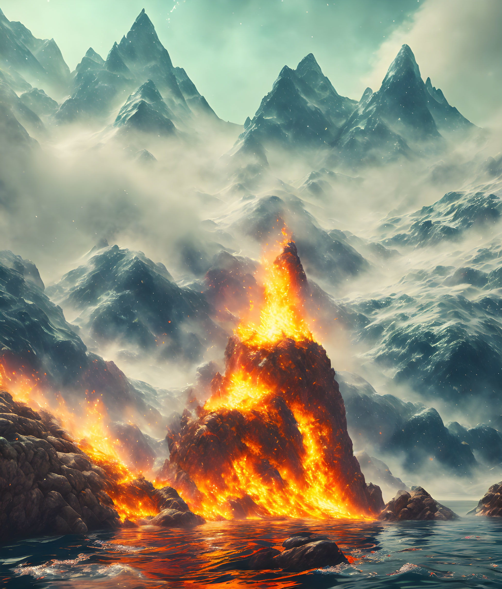 Majestic volcanic eruption in sea with snowy mountains & hazy sky