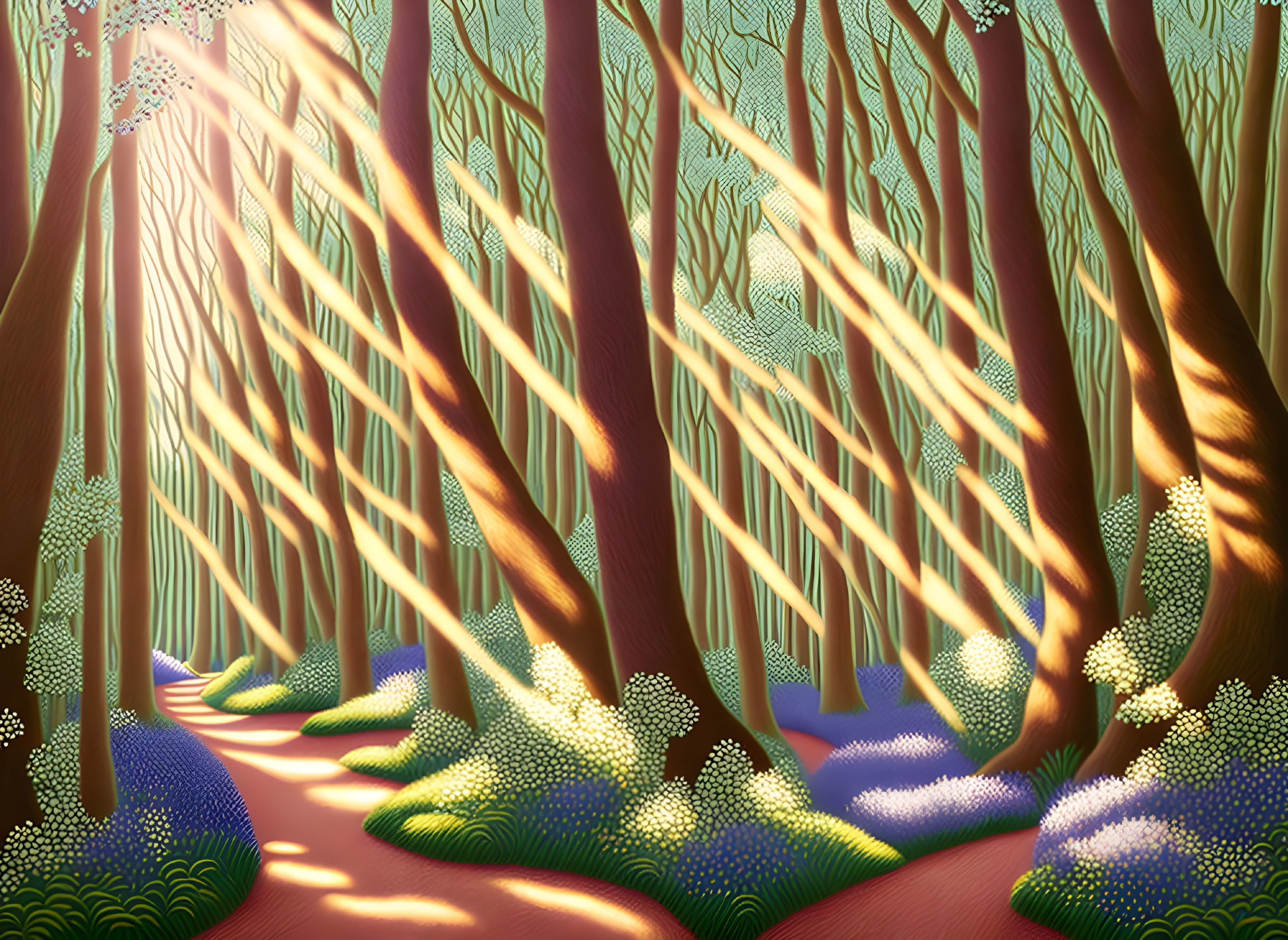 Stylized forest scene with tall trees and colorful foliage