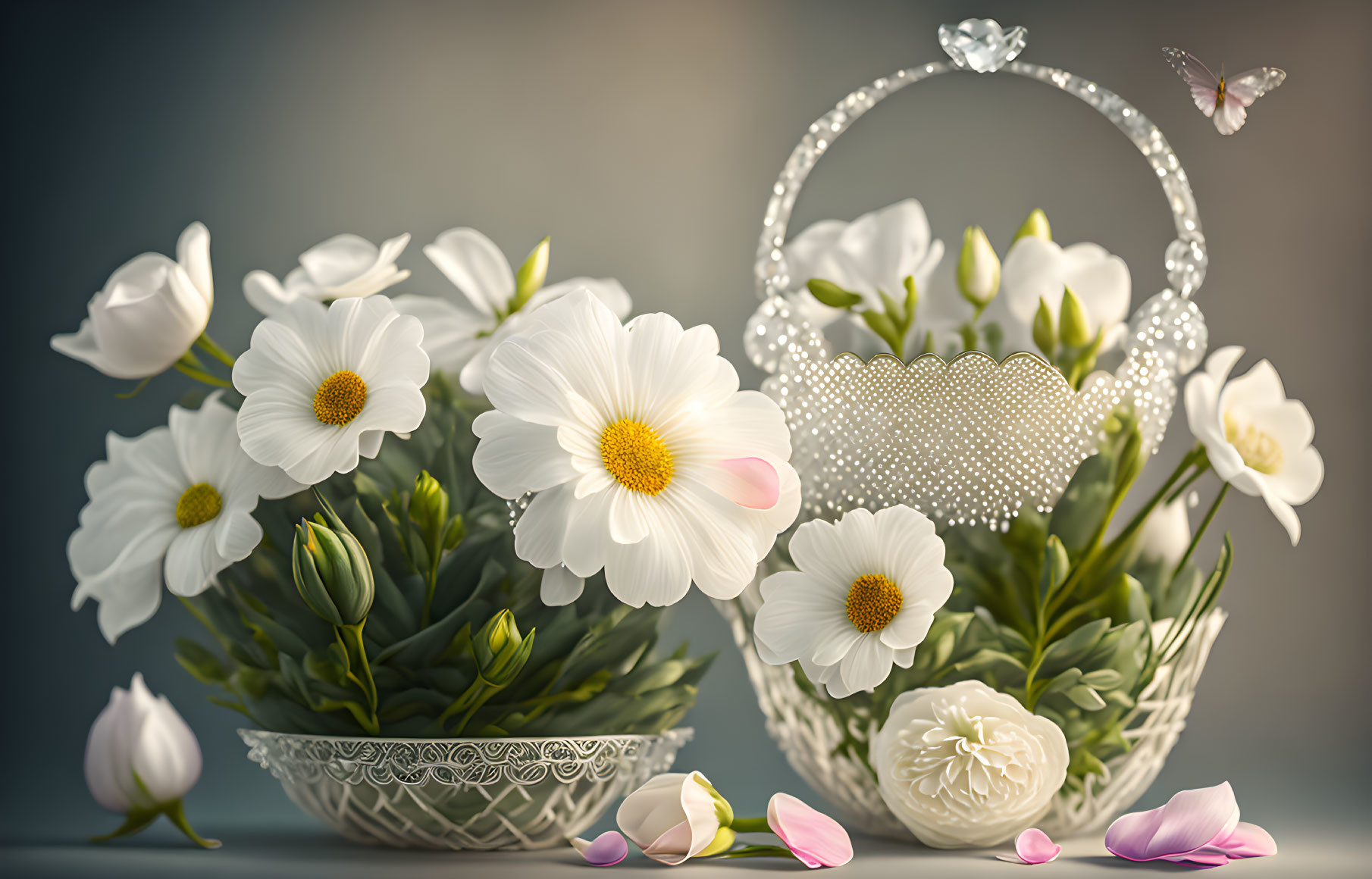 White Flowers in Pearl-handled Basket with Butterflies and Soft Illumination