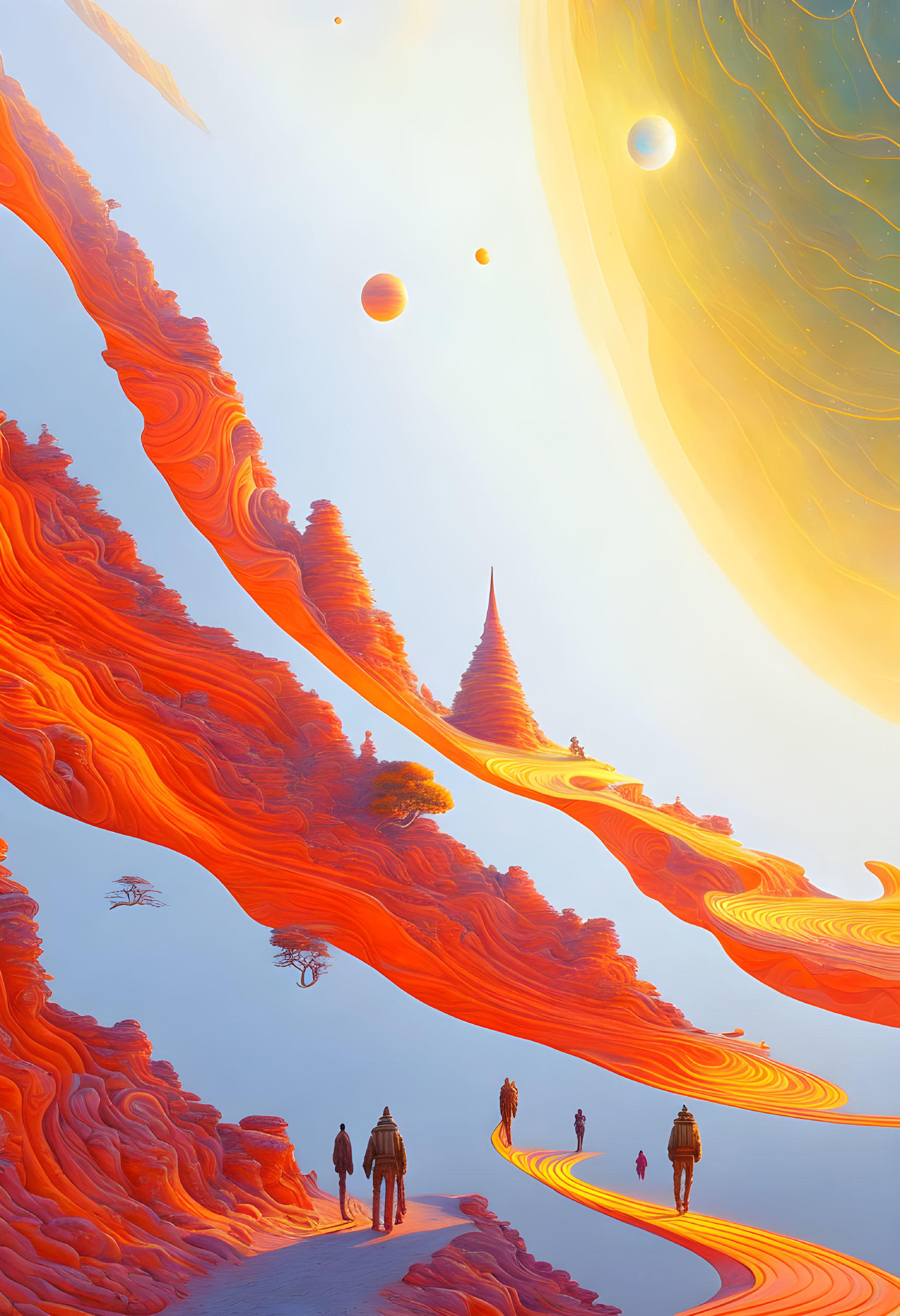 Colorful sci-fi landscape with orange terrain, travelers, and celestial bodies.