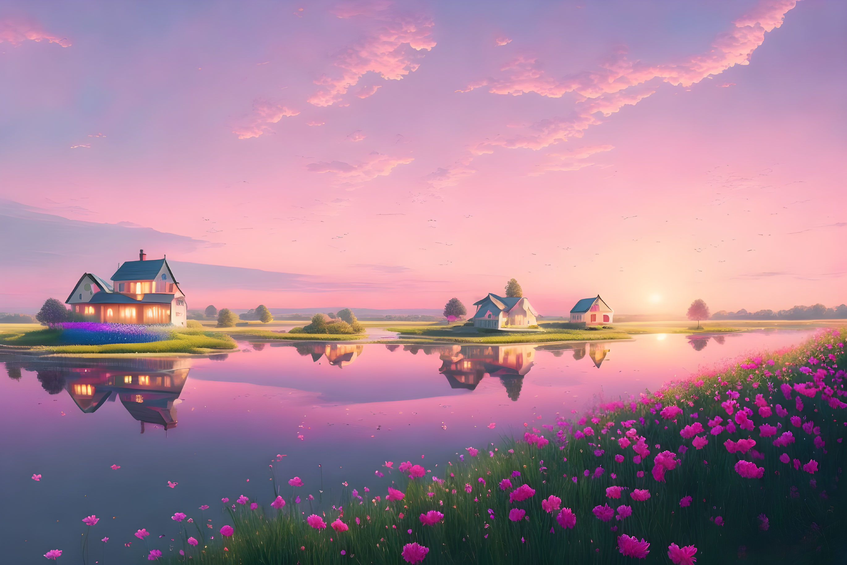 Tranquil Sunrise Landscape with Pink Skies and River Reflections