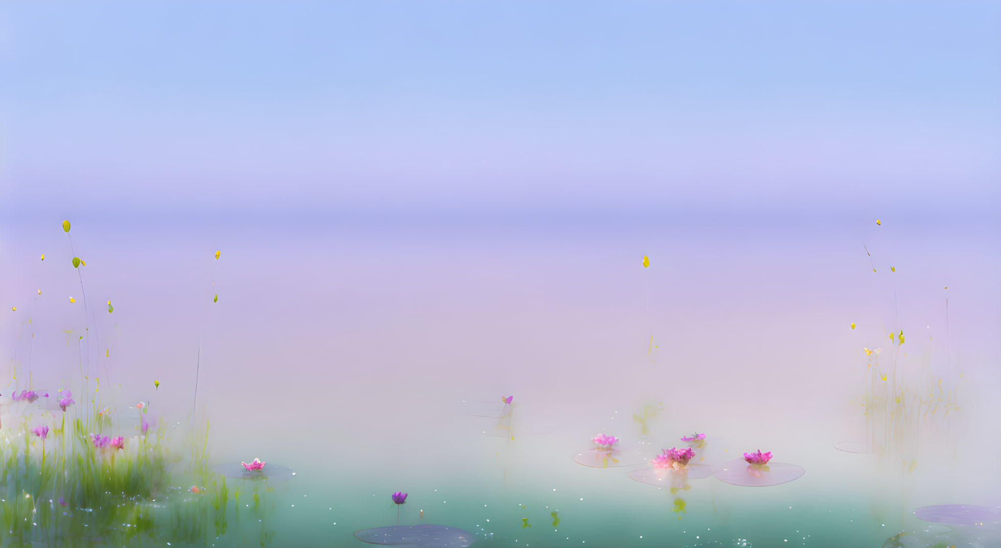 Tranquil pastel-colored water with lotus flowers and green reeds