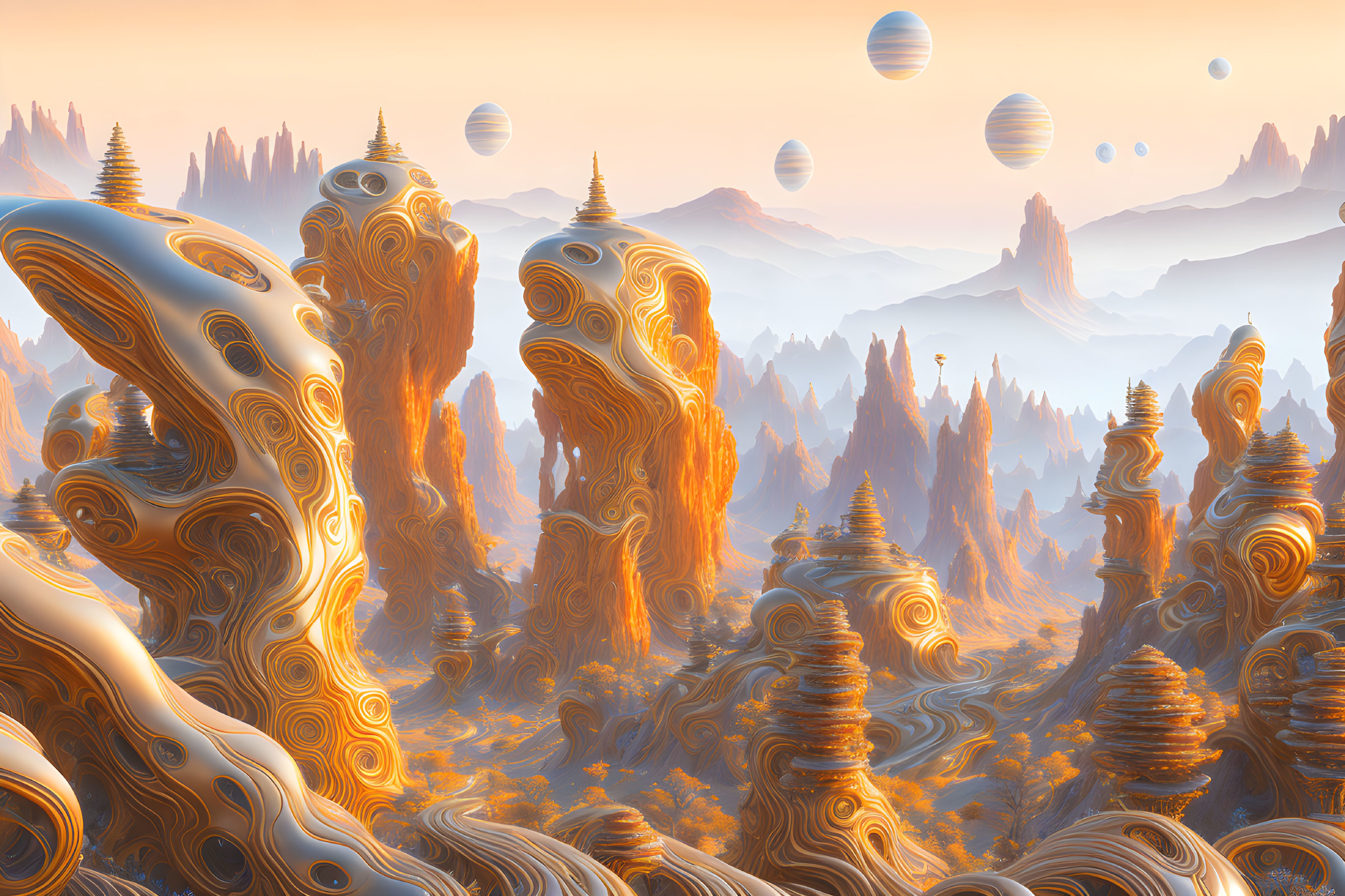 Surreal landscape with swirling orange formations and floating spheres