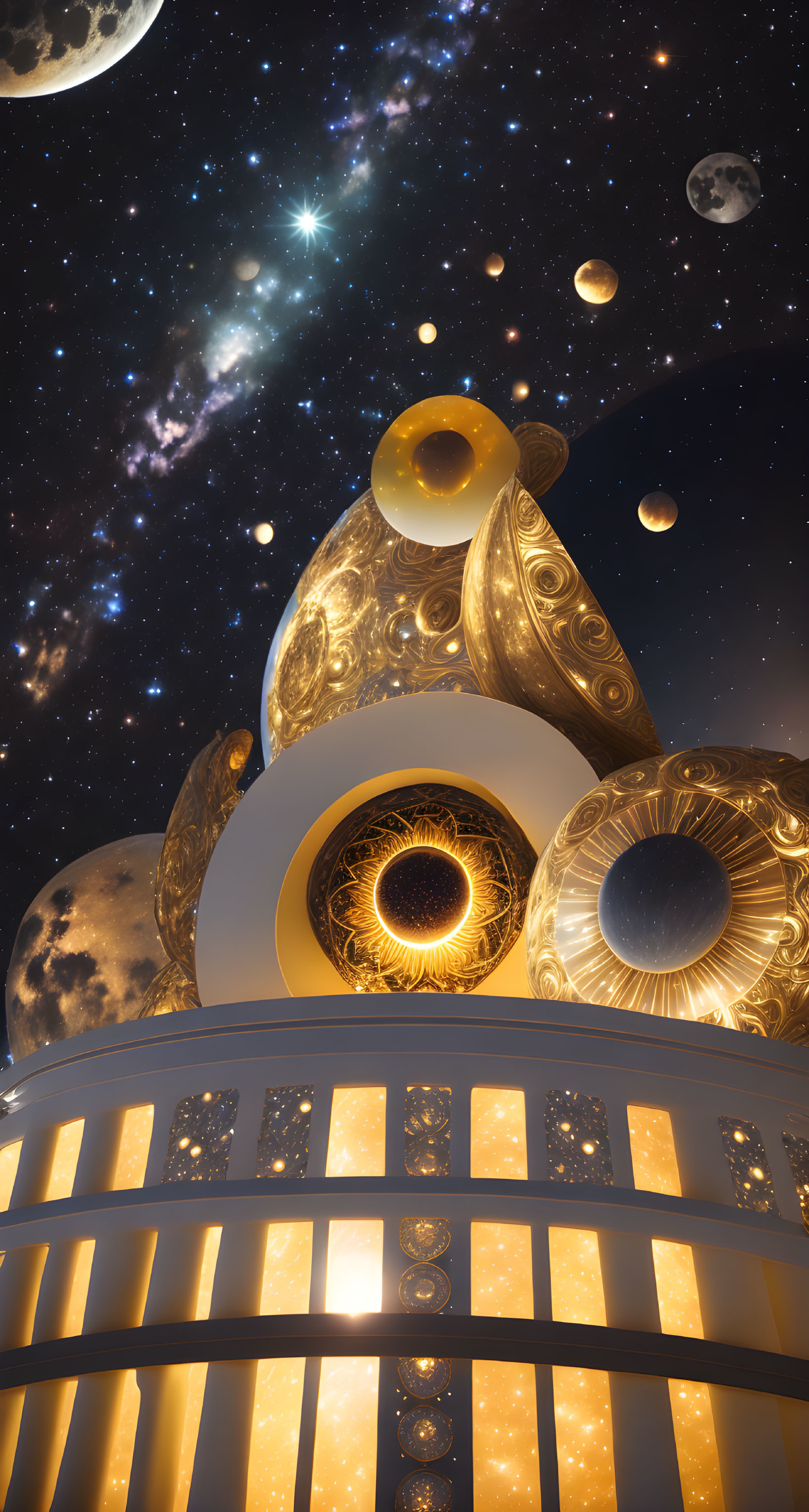 Ornate gold structures in surreal cosmic scene