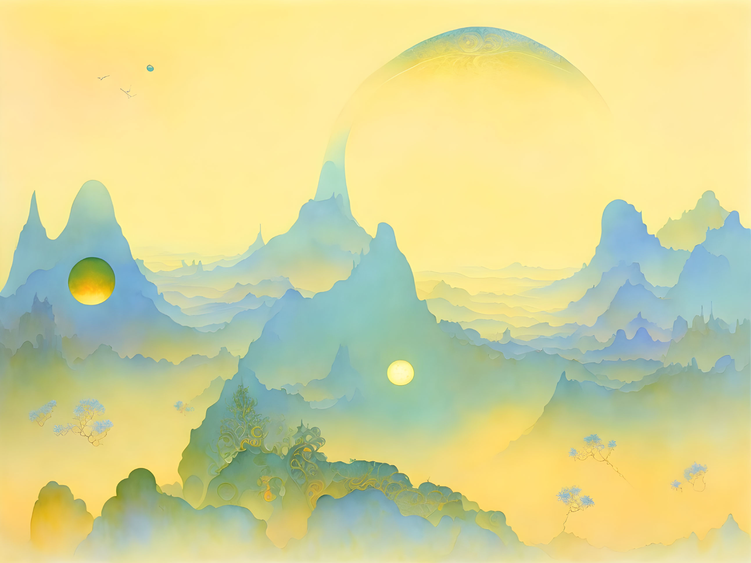 Soft-hued mountains, crescent moon, sun orbs, and bird in flight in dreamy landscape