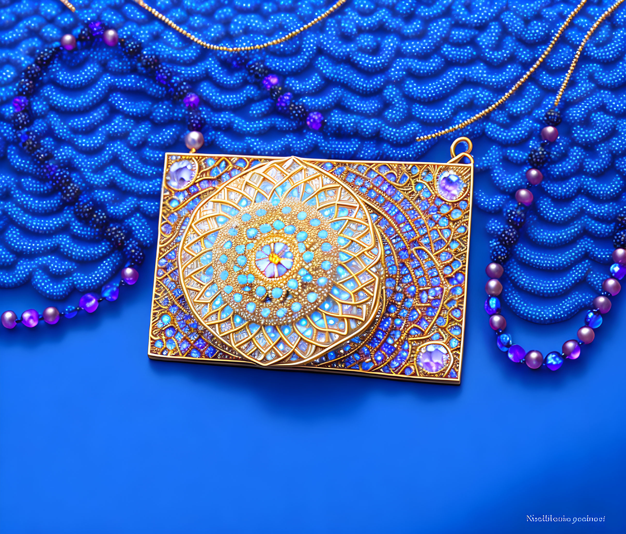 Intricate Gold Pendant with Purple Gemstones on Blue Beaded Fabric