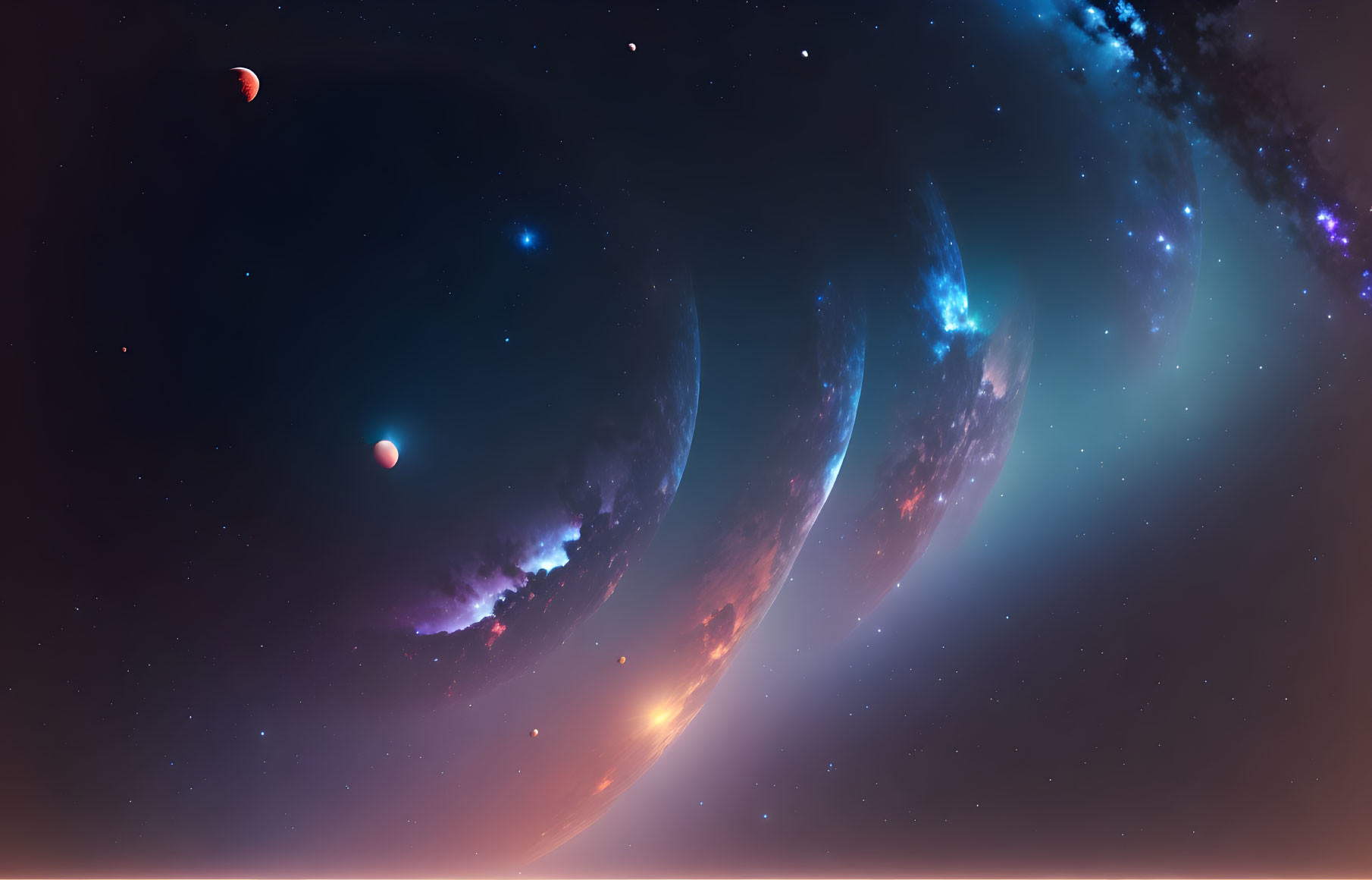 Surreal cosmic landscape with lunar eclipse, galaxies, and nebulae