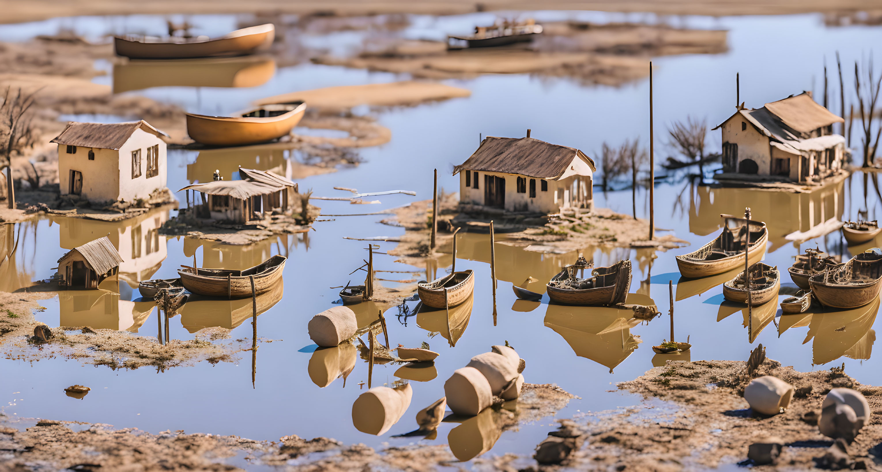 Submerged village with houses and boats in clear water