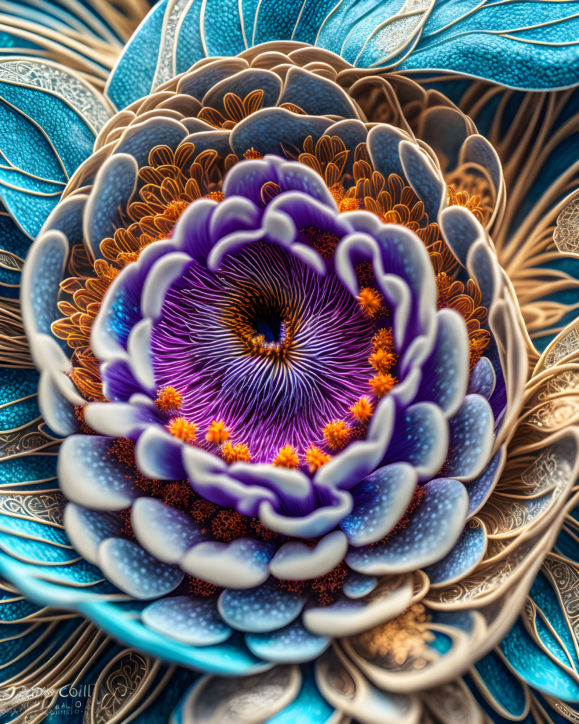 Detailed Fractal-Like Flower in Blue, Purple, and Gold Petals