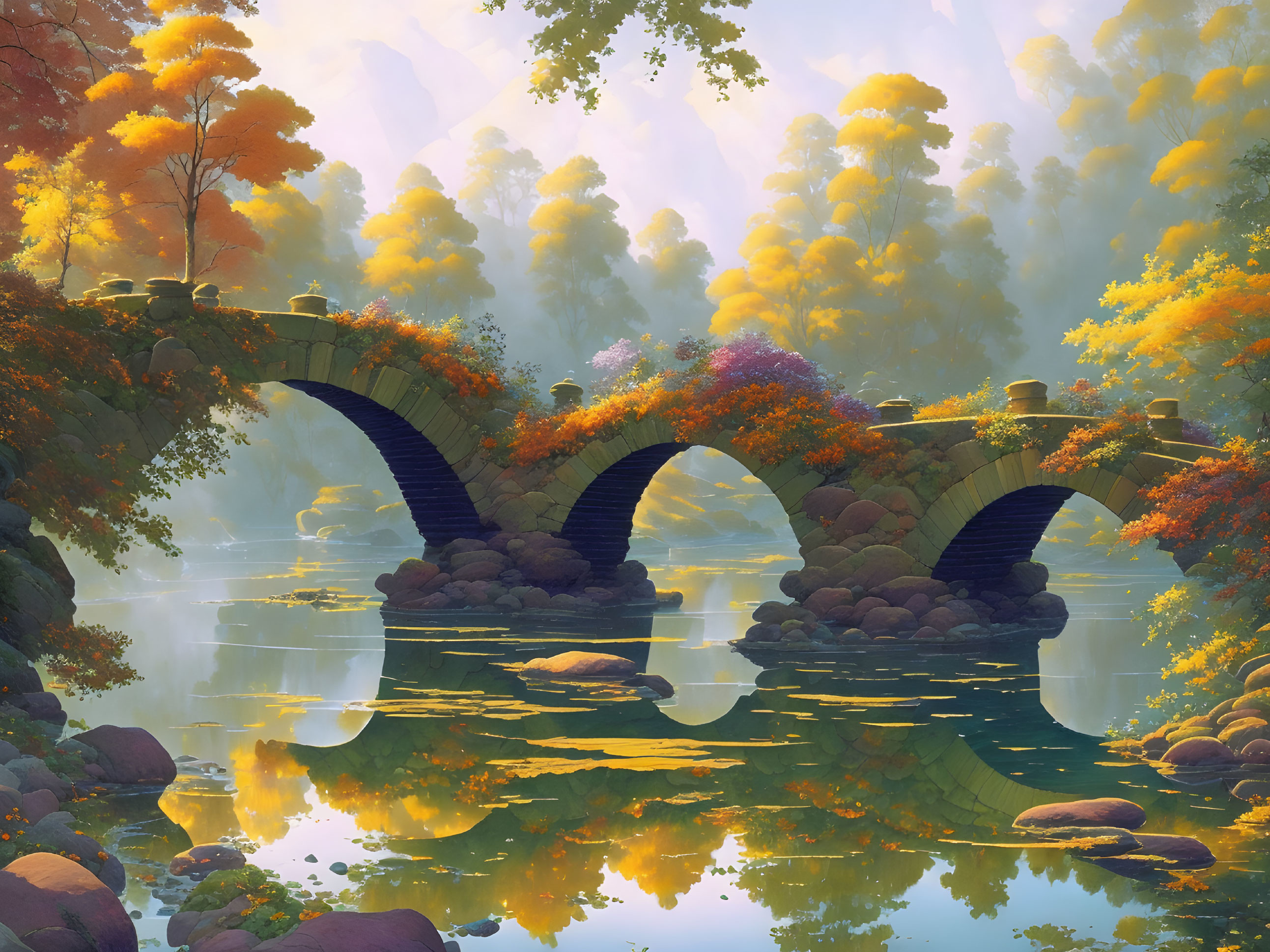 Tranquil stone arch bridge over calm river in autumn landscape