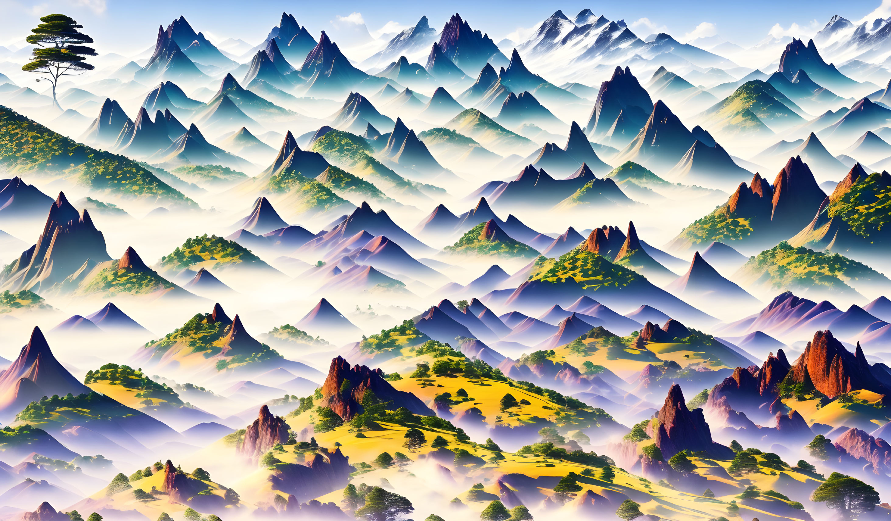 Stylized landscape with mist-covered mountains and greenery