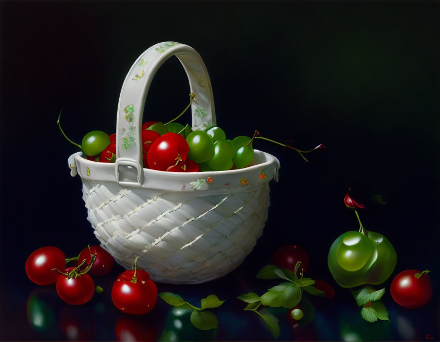 Realistic painting of white basket with red tomatoes and green apples