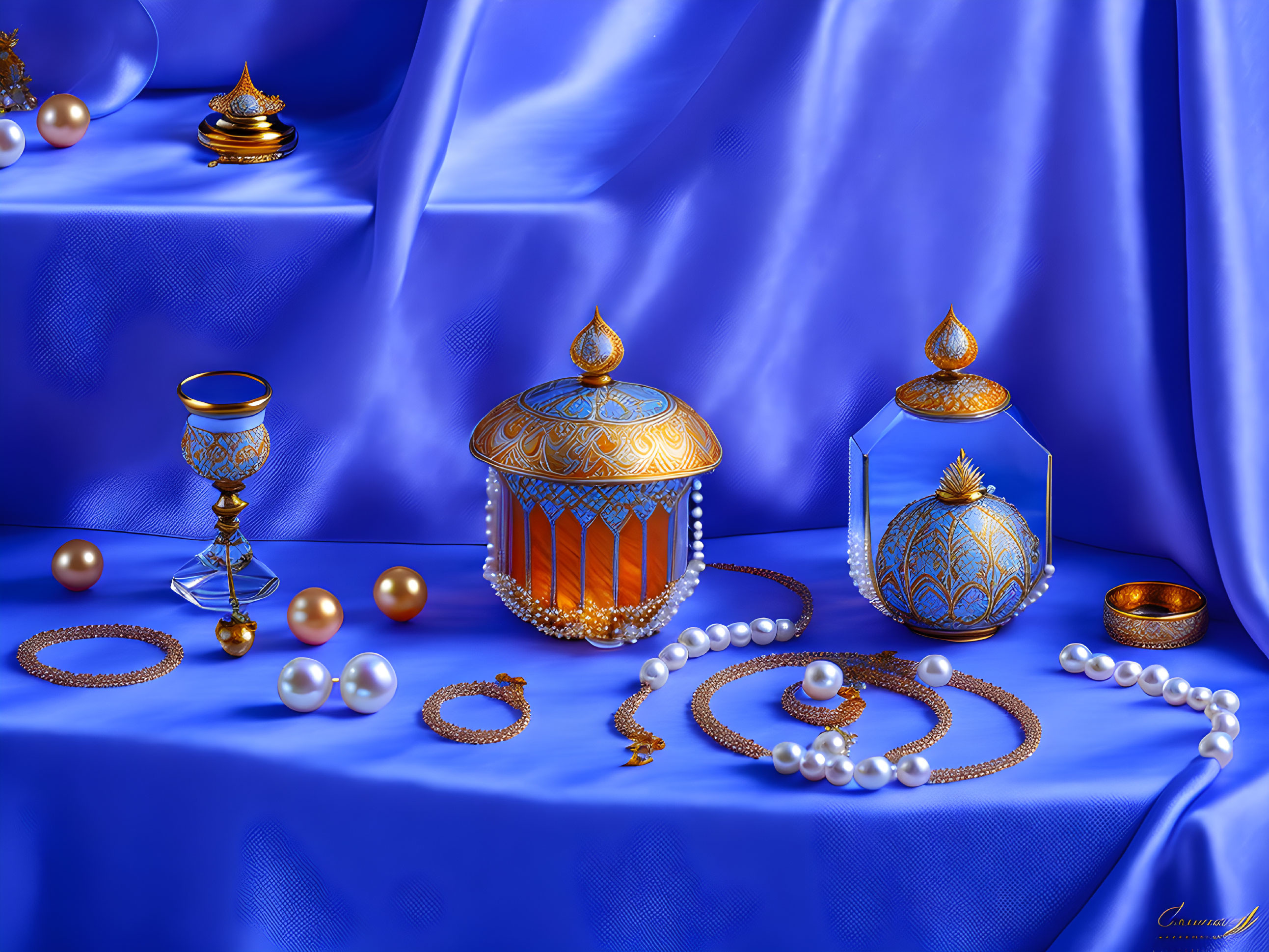 Luxurious Collection: Pearl Necklaces, Golden Ornaments, Blue & Gold Containers