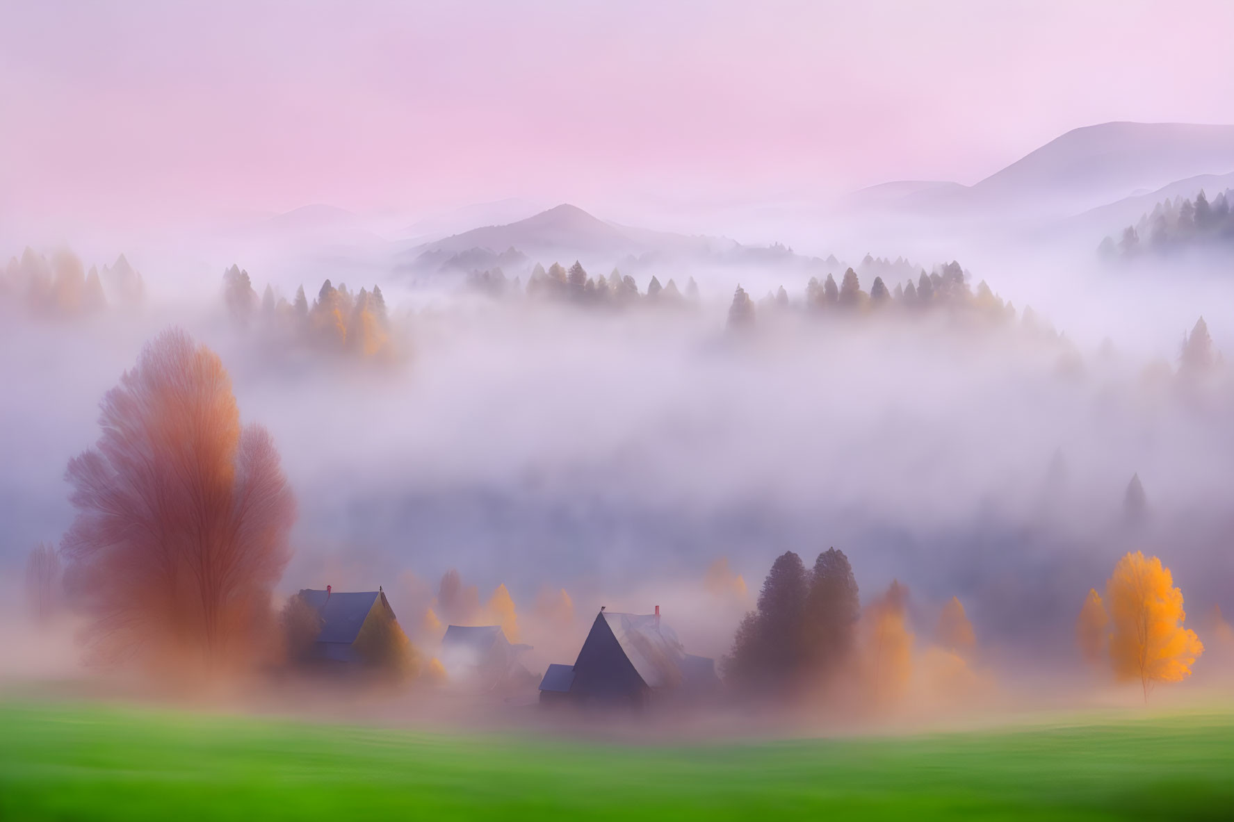 Misty Autumn Landscape with Rolling Hills and Quaint Houses