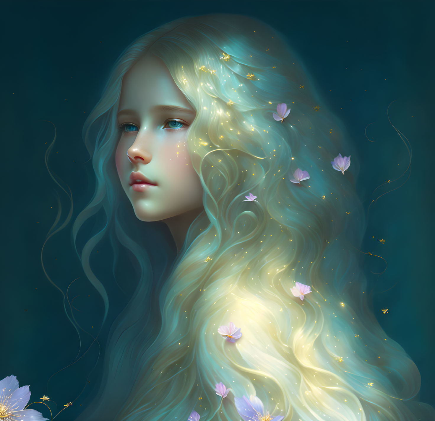 Surreal portrait: girl with golden hair and flowers on dark background