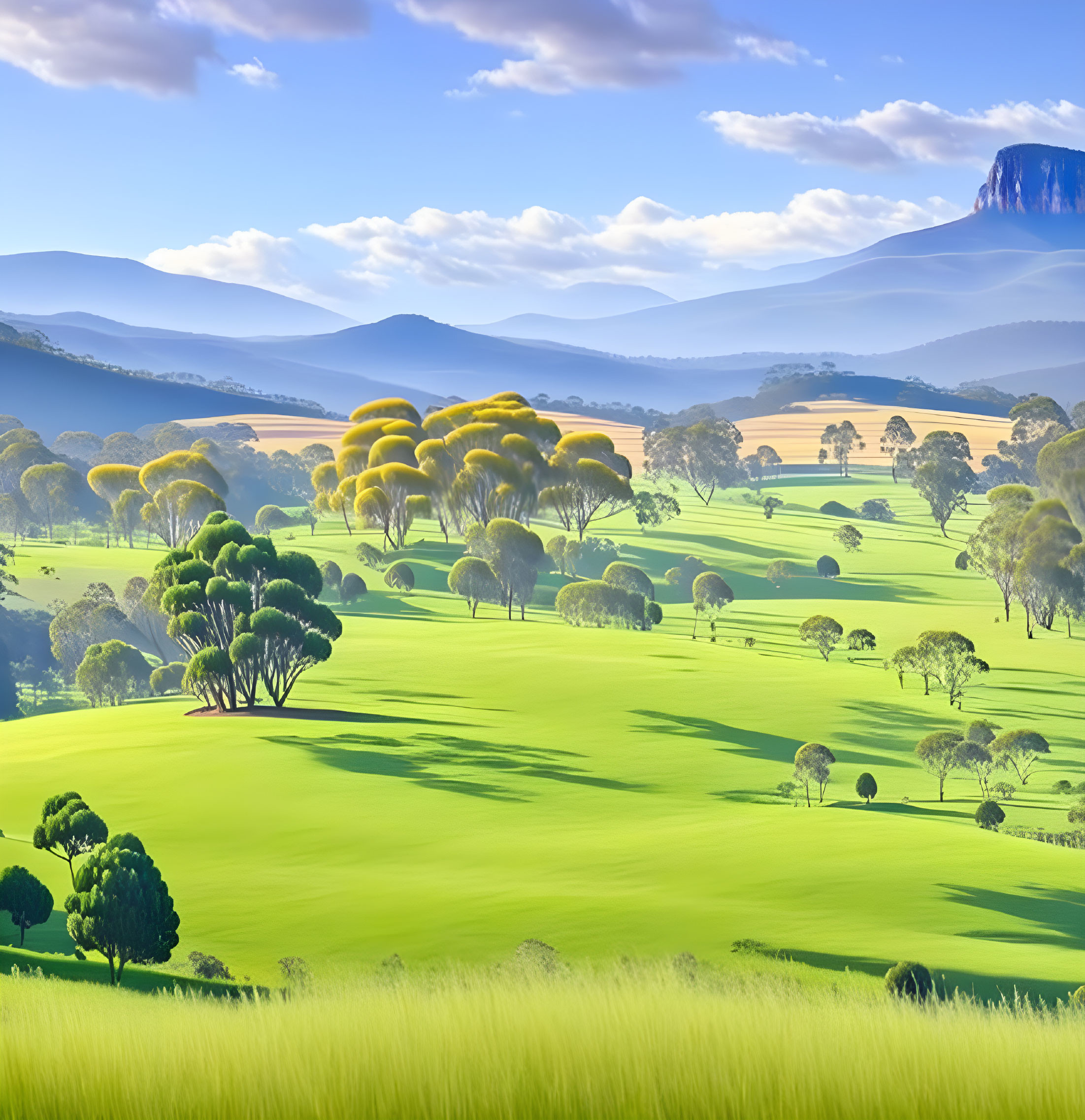 Scenic landscape: green hills, yellow trees, blue sky, mountains