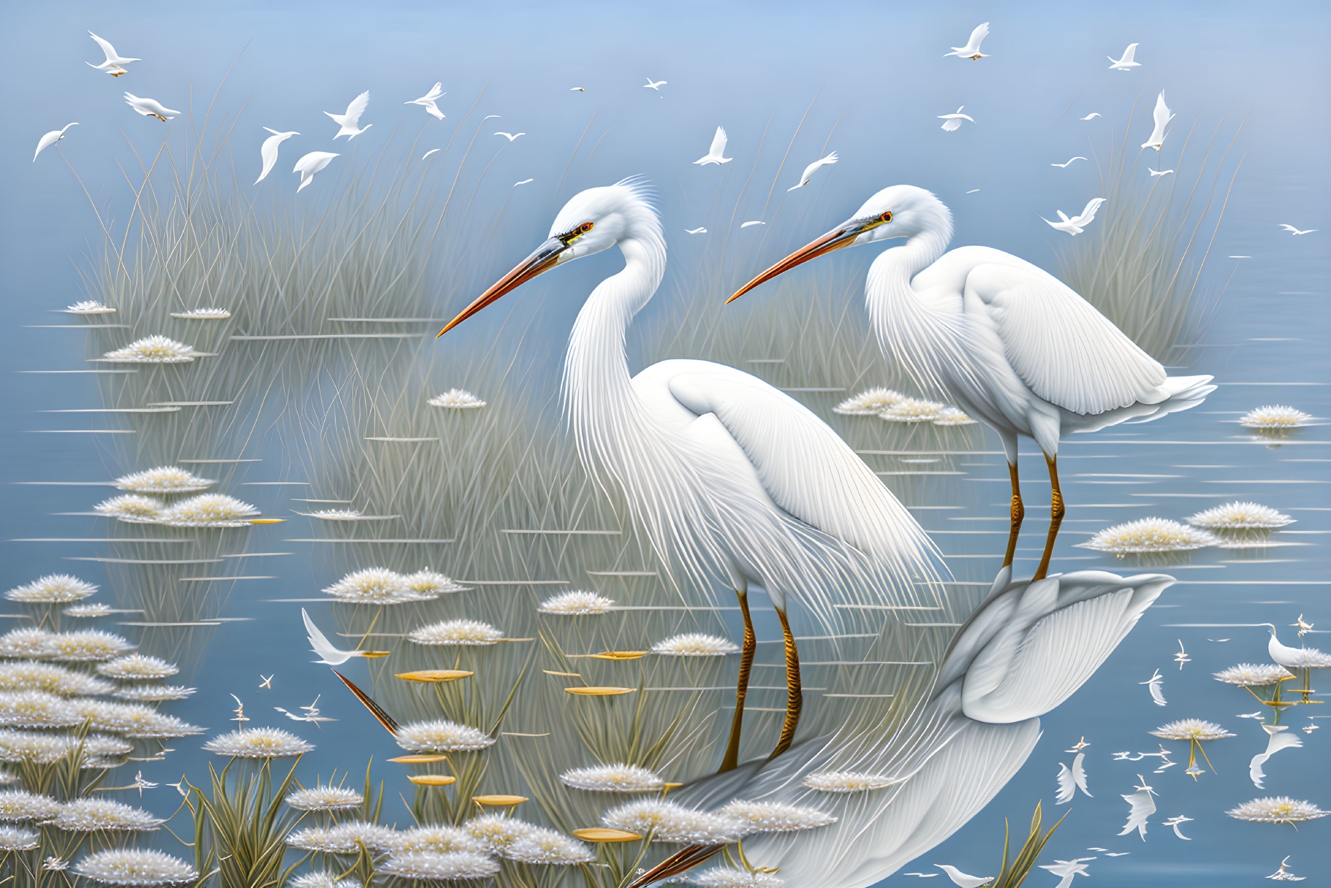 Two Great Egrets in Blue Water with Flowers and Flying Birds