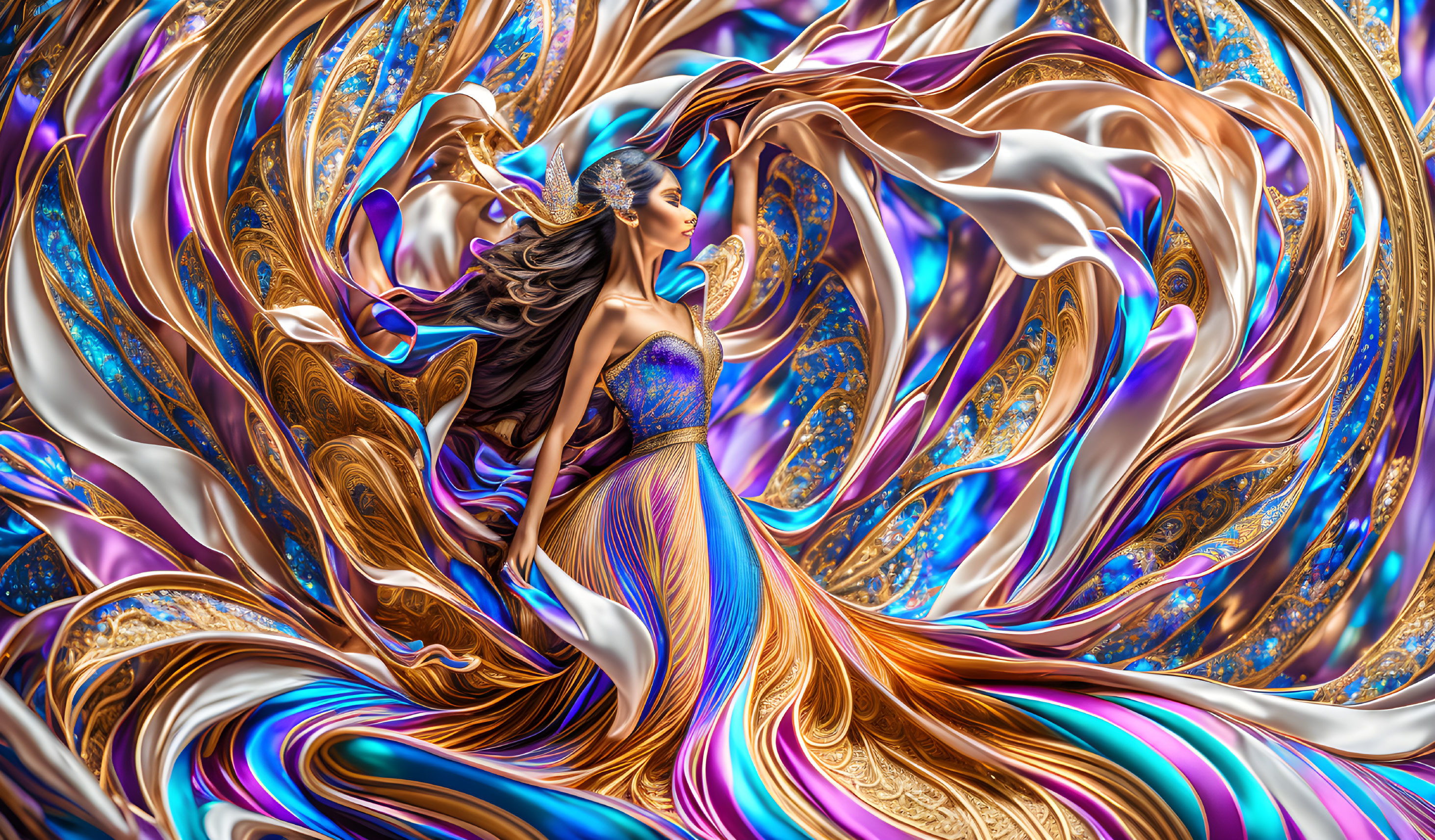 Vivid digital artwork: Woman with flowing hair in iridescent swirls