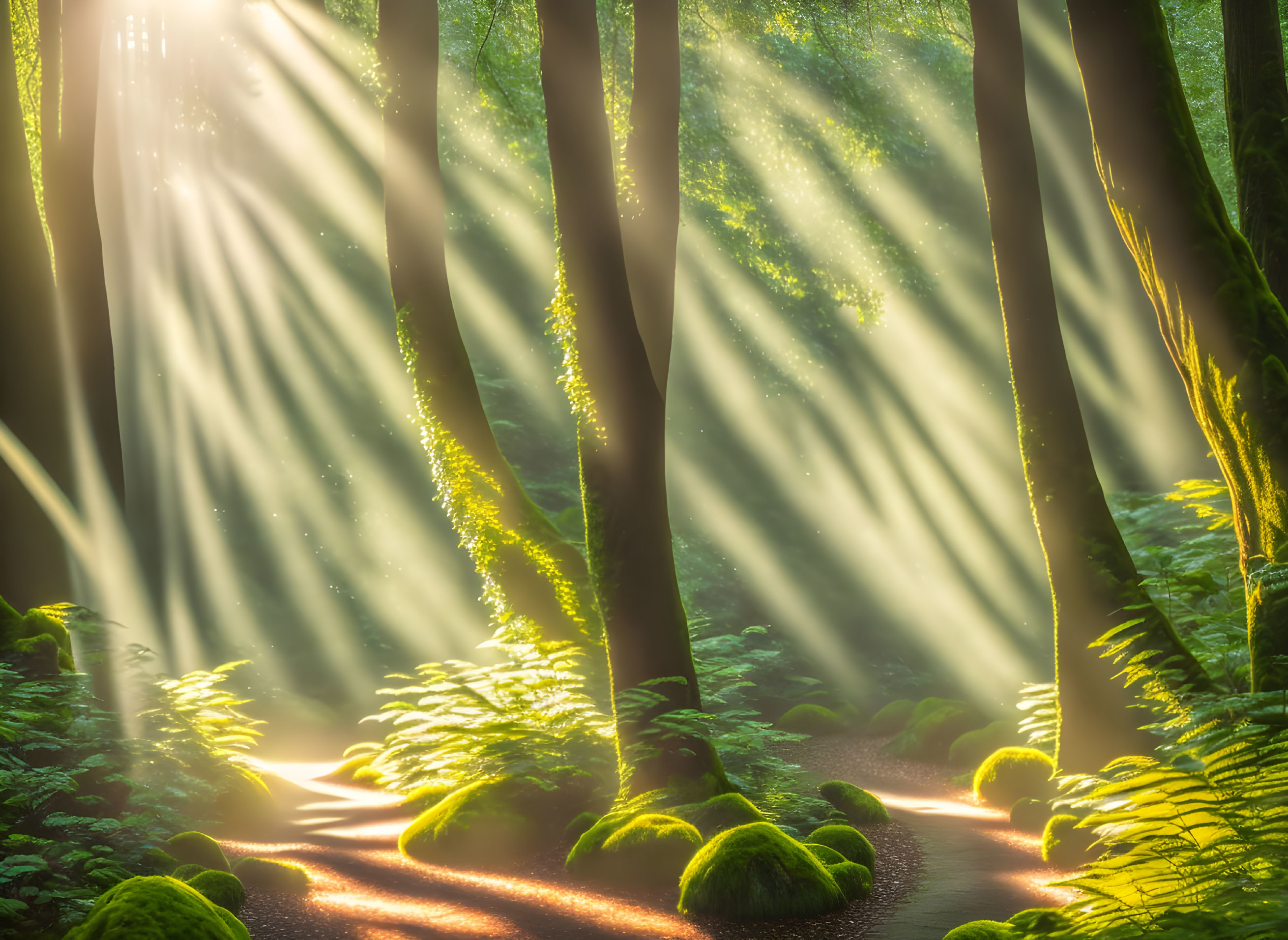 Forest canopy sunbeams illuminate green foliage and moss-covered stones in serene woodland