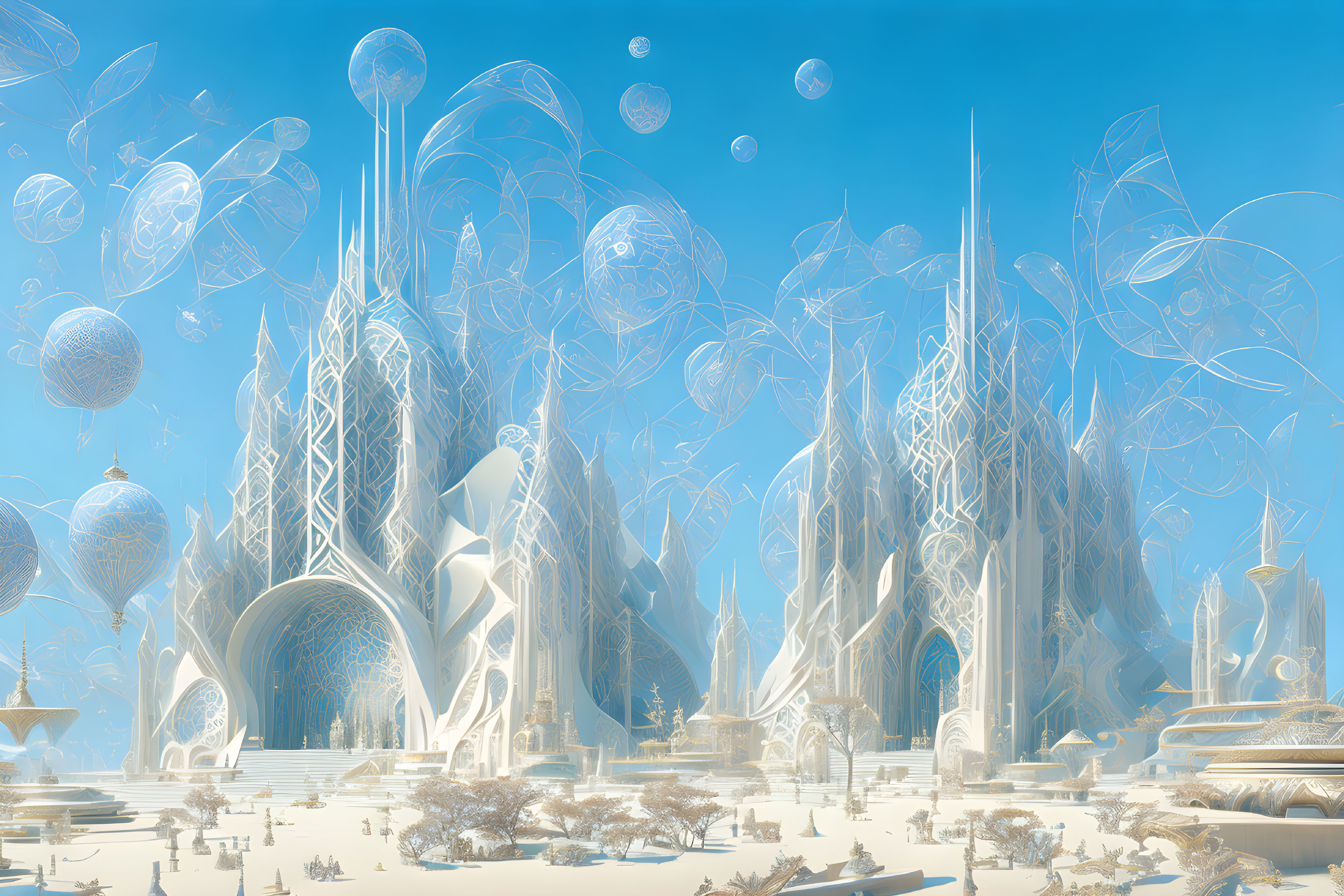 Futuristic cityscape with organic structures and floating spheres