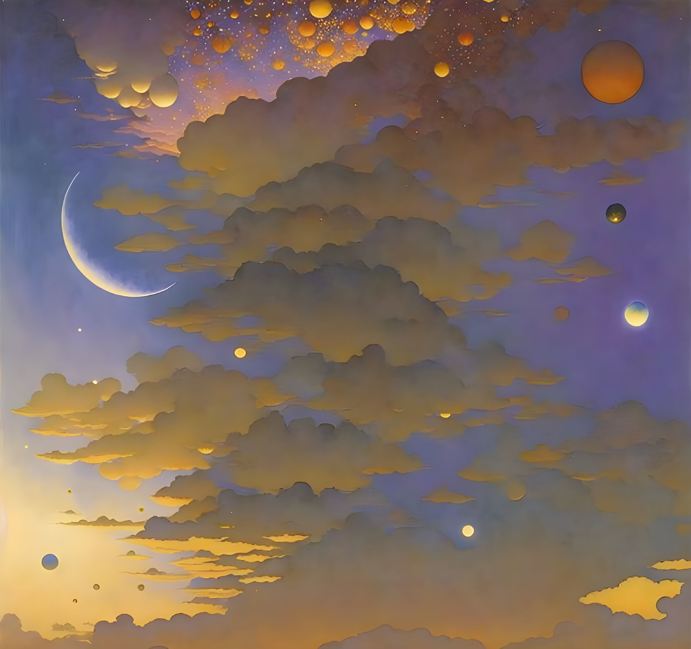 Surreal sky with crescent moon, planets, and clouds on blue-orange gradient.