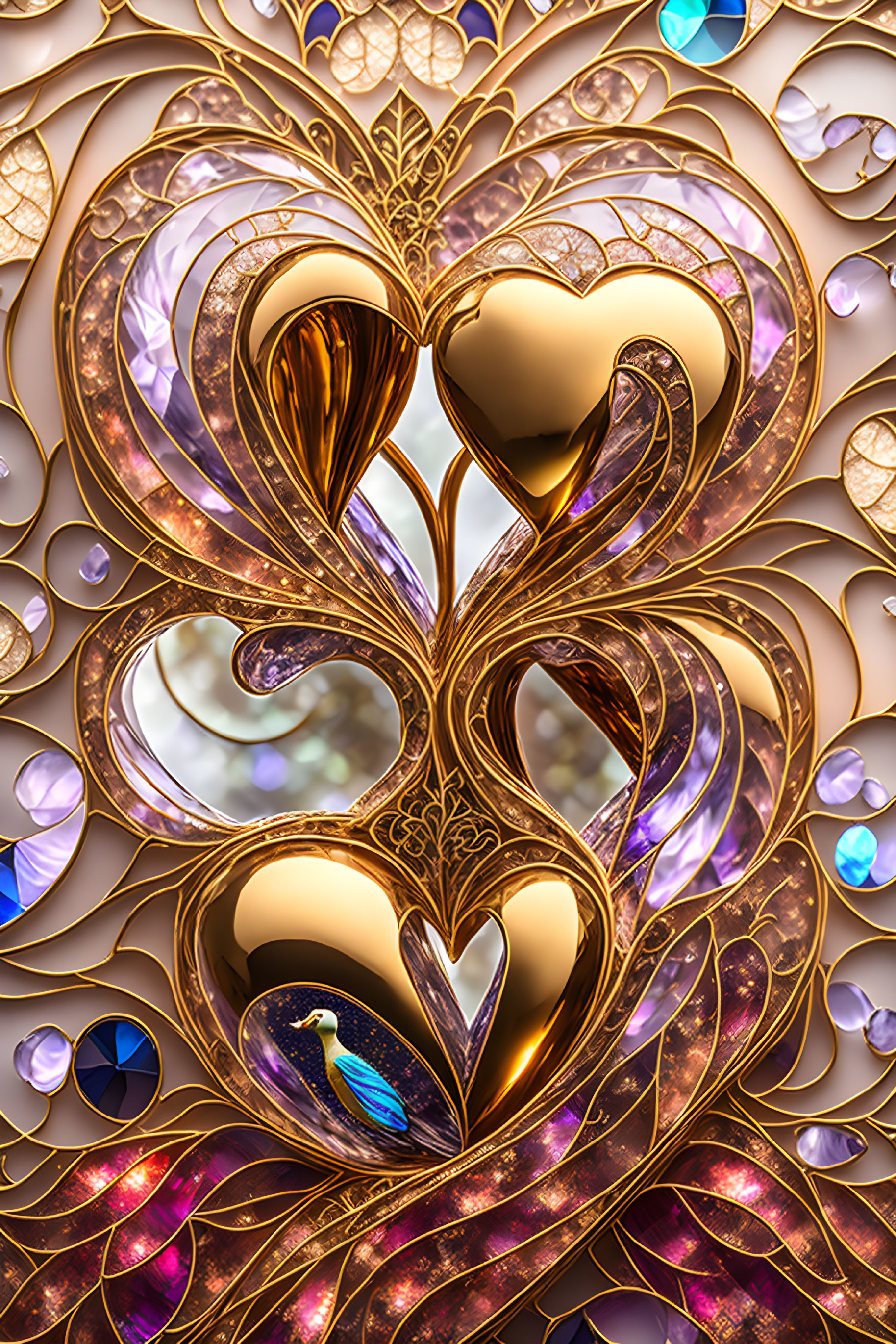 Luxurious Digital Artwork: Golden Hearts with Gemstone Accents & Peacock Motif