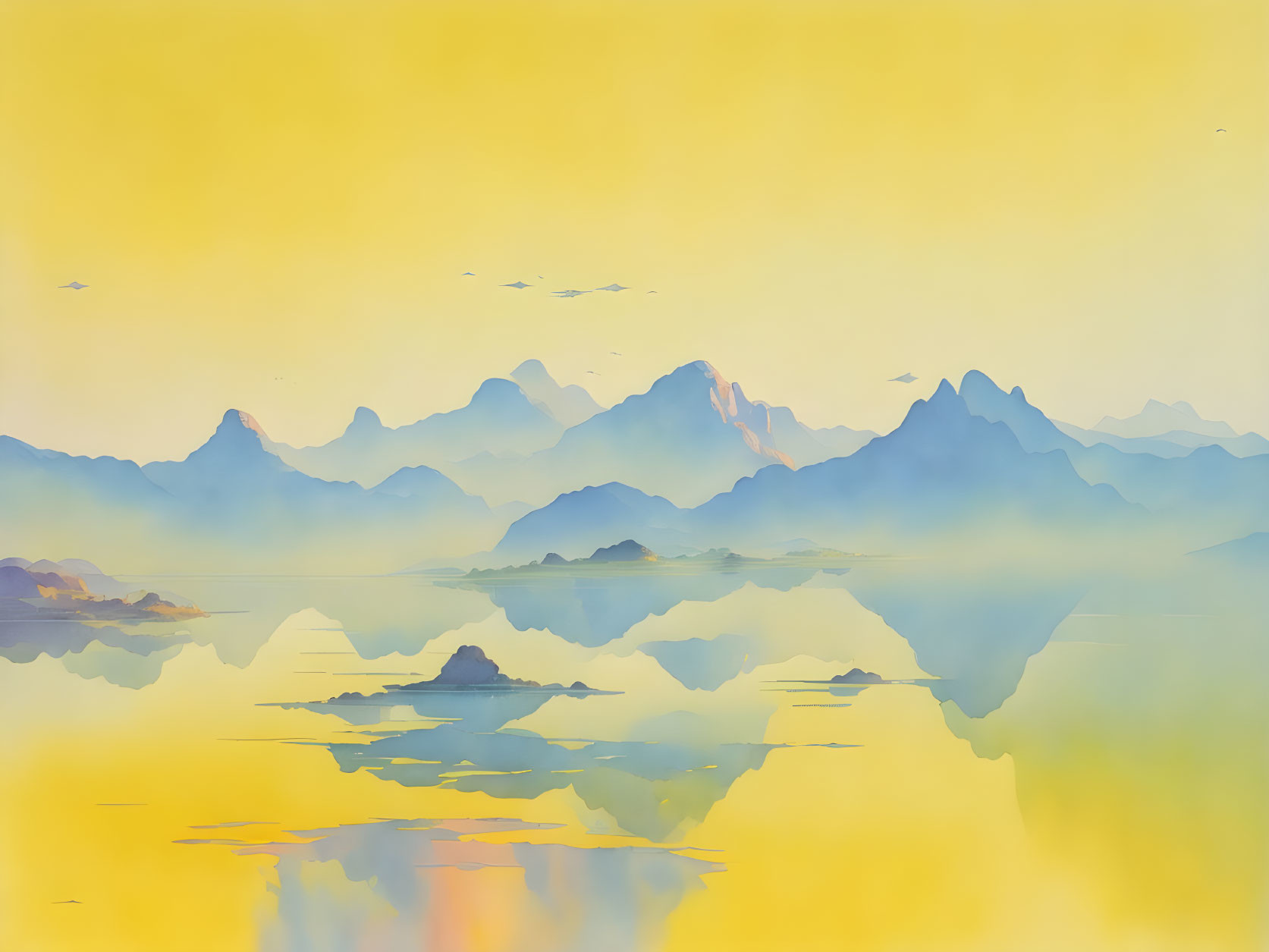 Tranquil watercolor landscape of a serene lake and mountains in warm hues