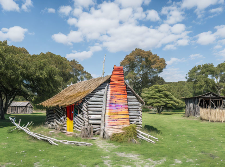 Colorful Wooden Hut with Thatched Roof in Grassy Field and Trees