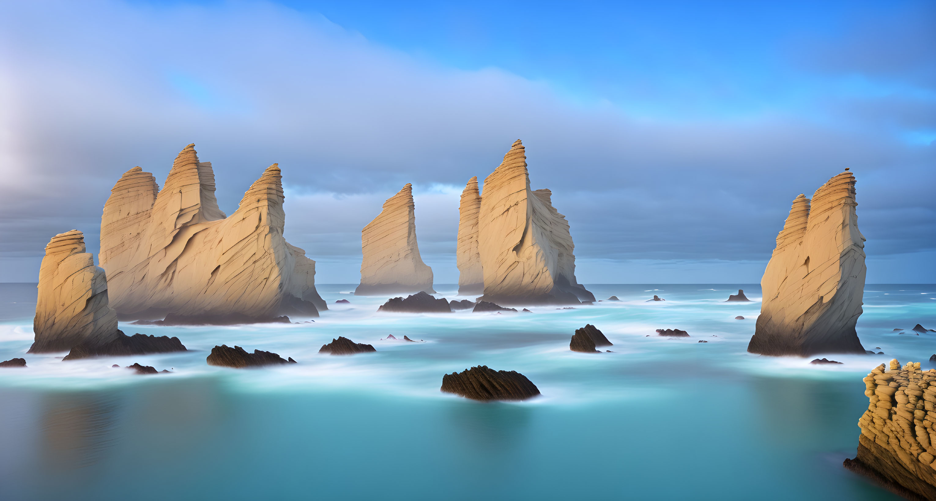 Limestone Stacks in Blue Sea with Pastel Sky