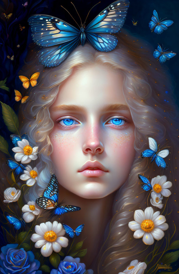 Girl with Blue Eyes Surrounded by Butterflies and Flowers in Mystical Scene