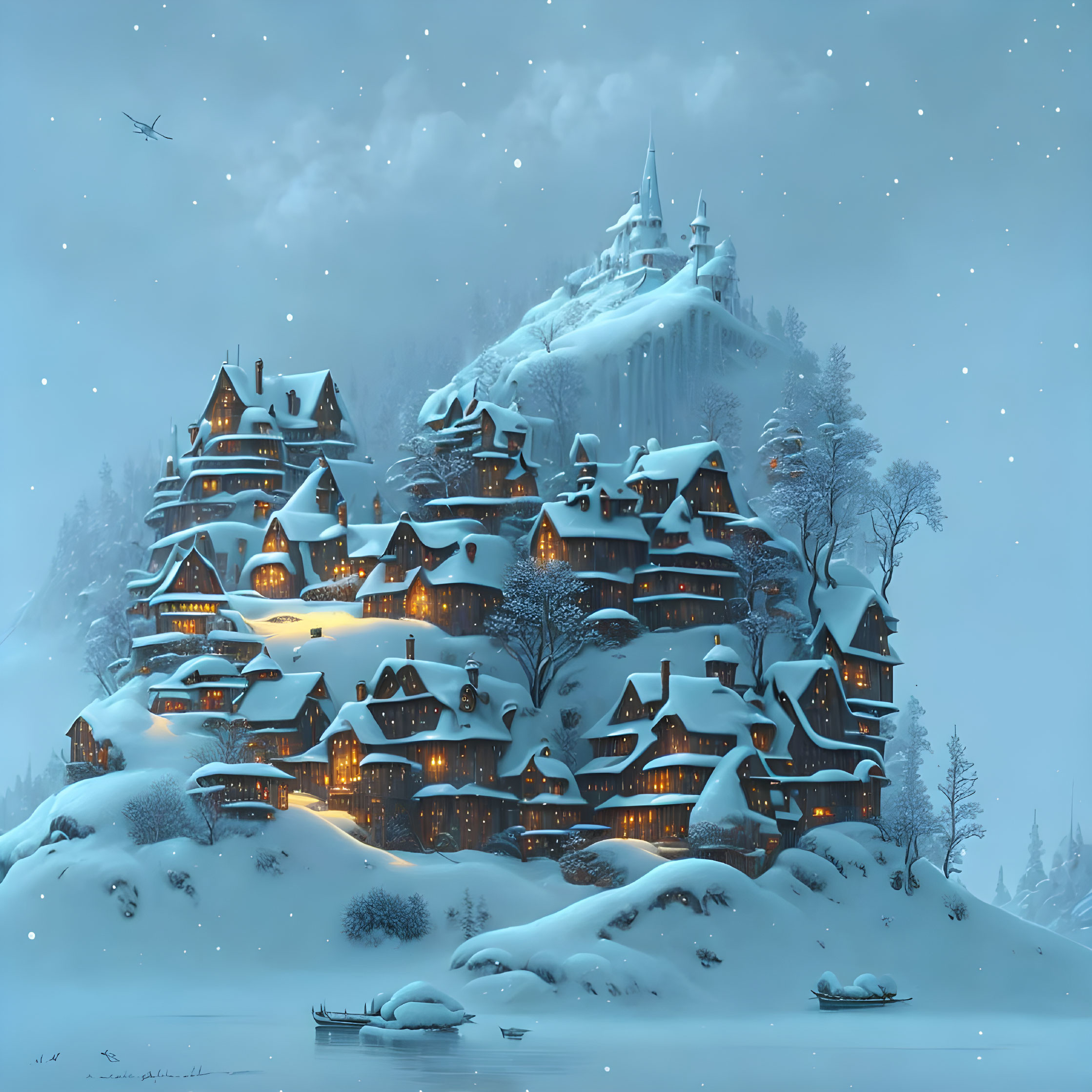 Snowy village at twilight nestled under mountain with castle, starry sky