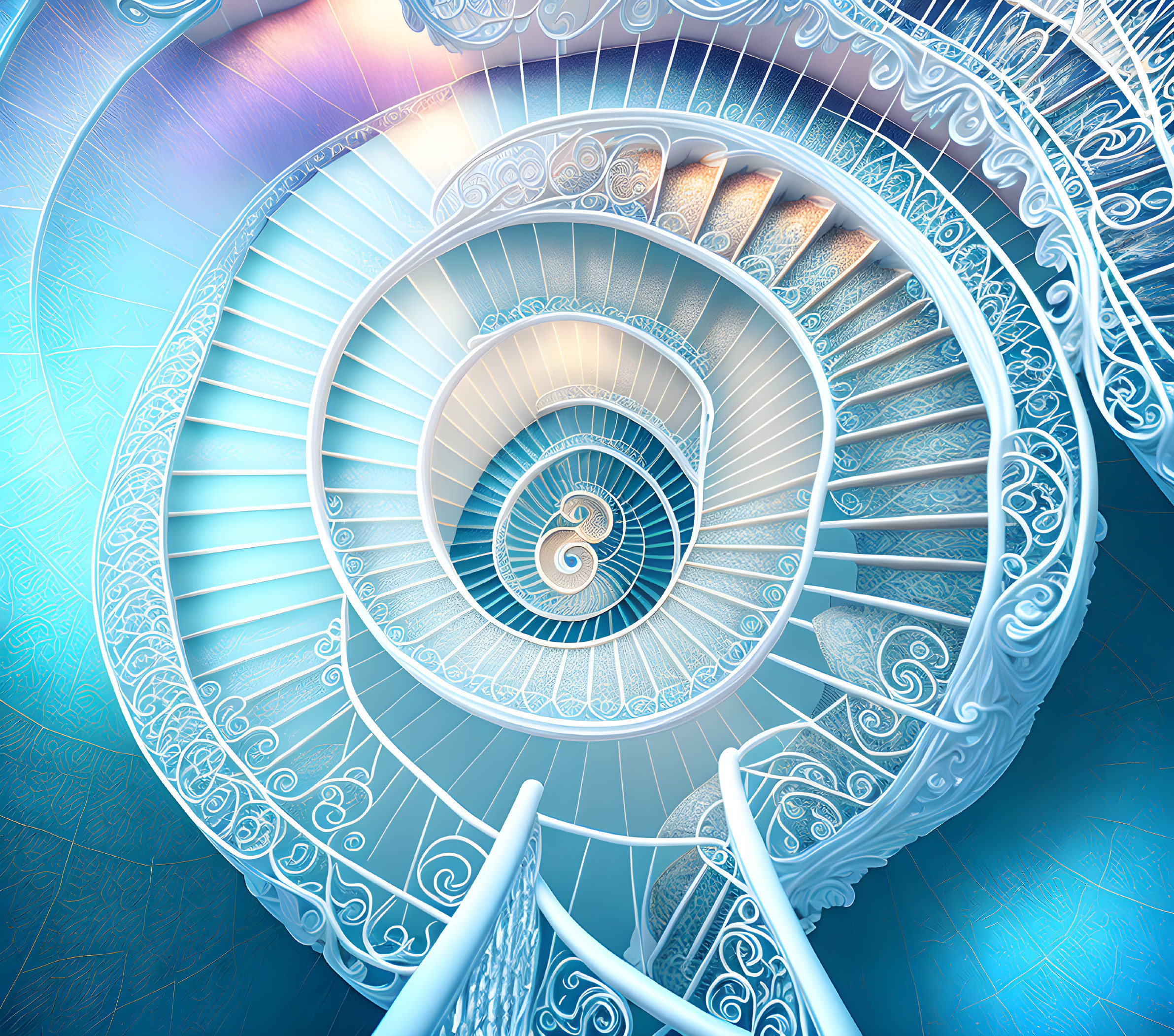 Spiral Staircase Digital Art: Fractal Design in Cool Blue Hues