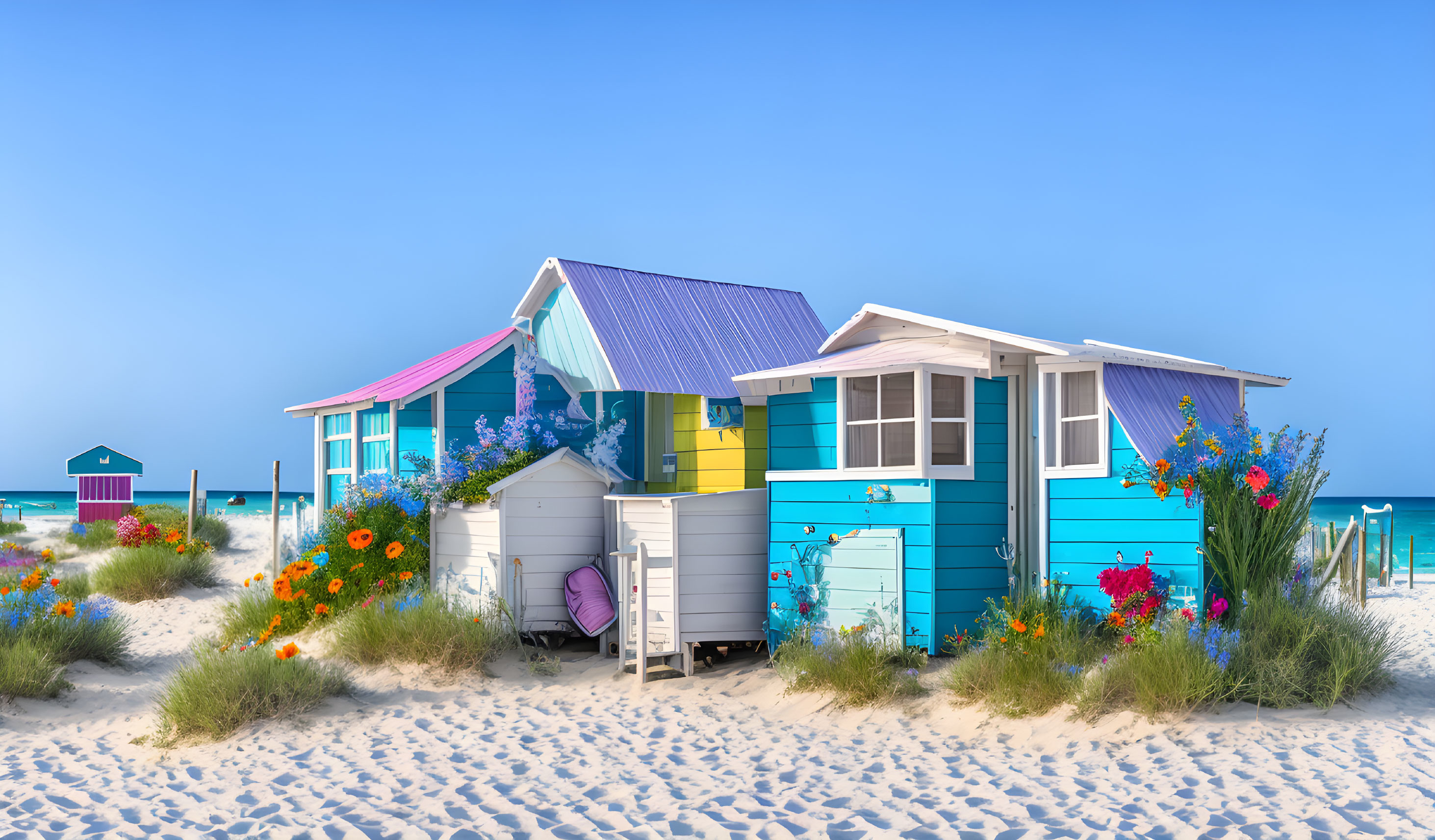 Vibrant beach cabins on white sand with blue skies and wildflowers