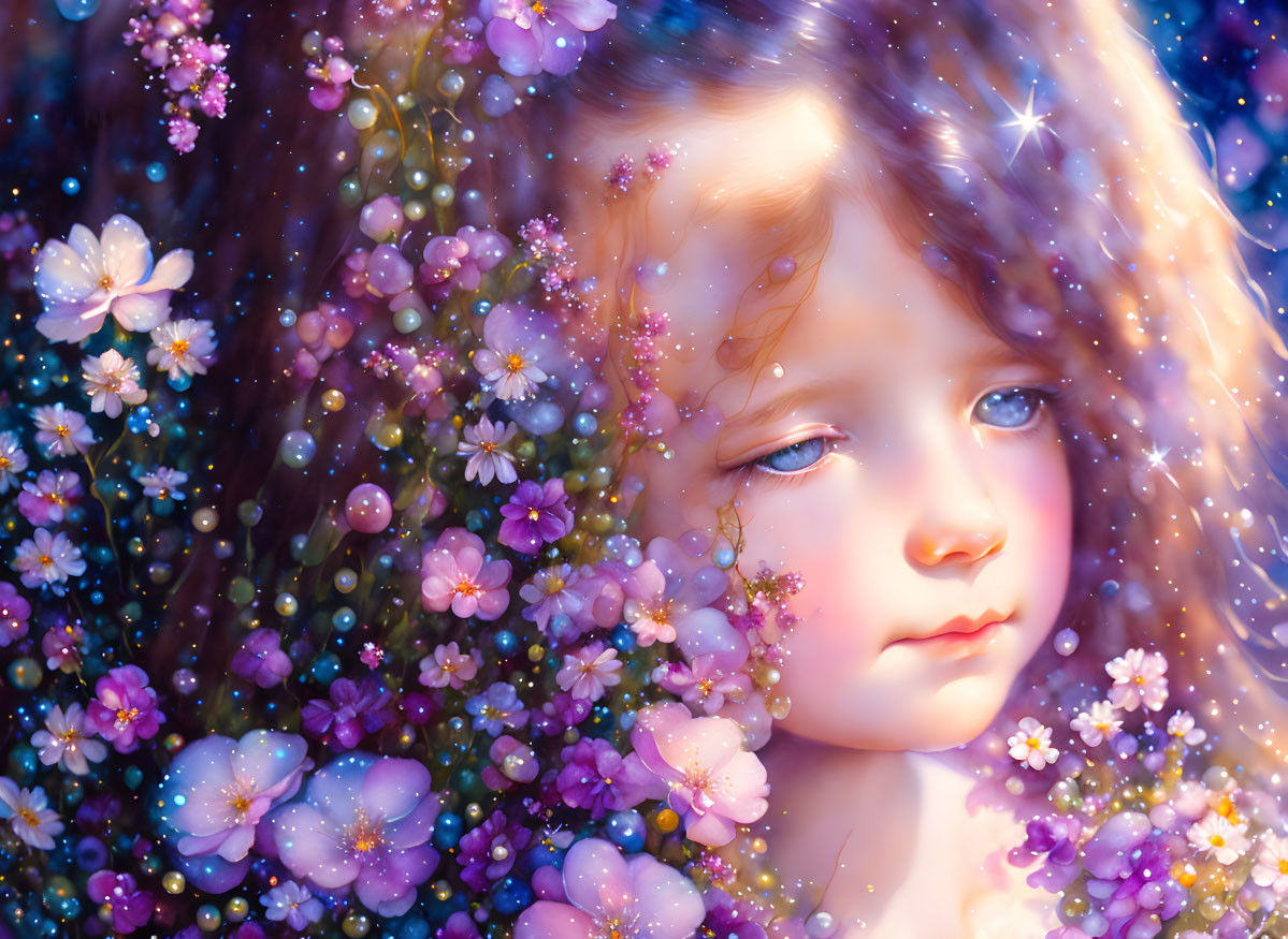 Child's face surrounded by colorful flowers in dreamy illustration