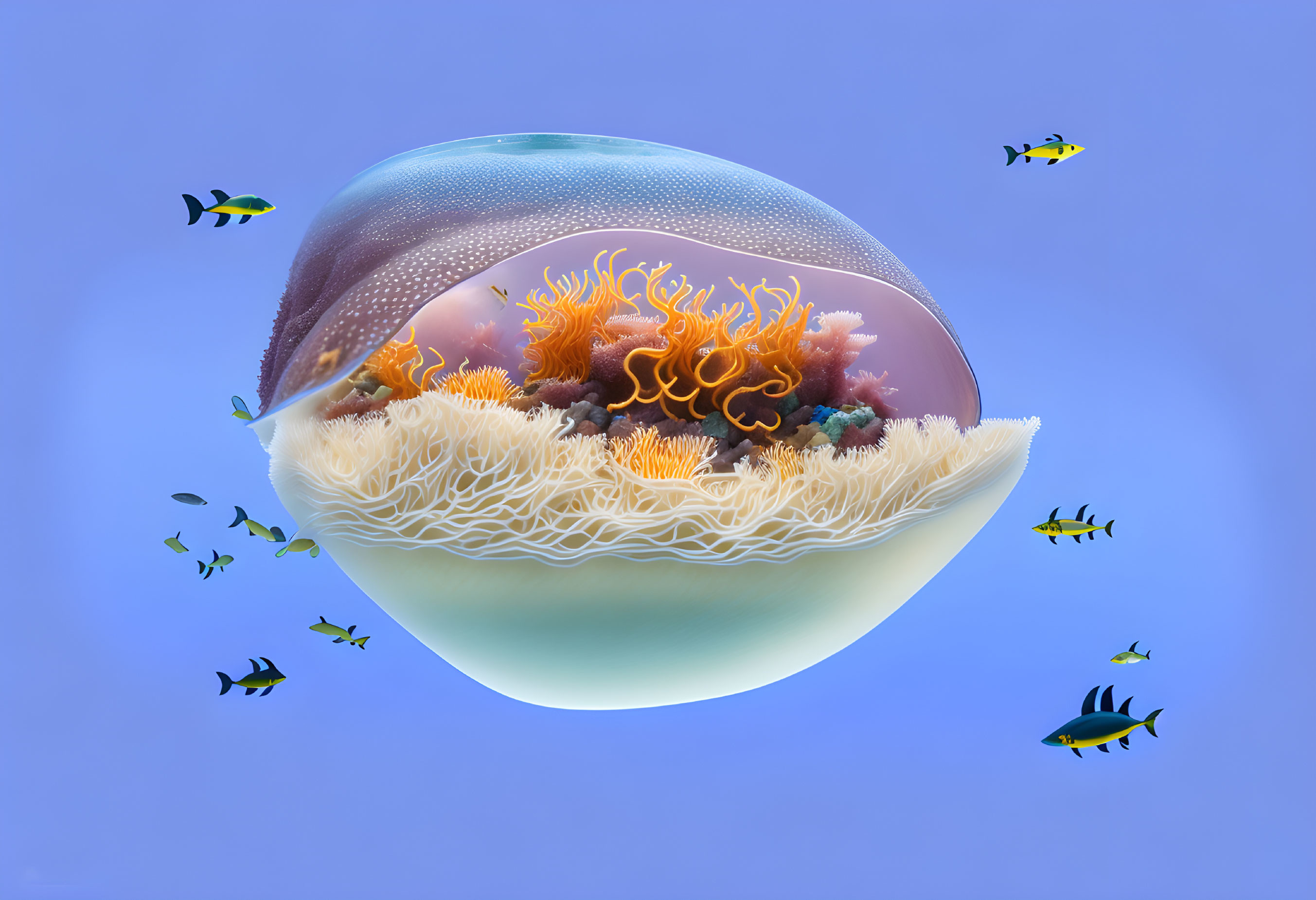 Translucent bubble filled with coral and marine life on blue background