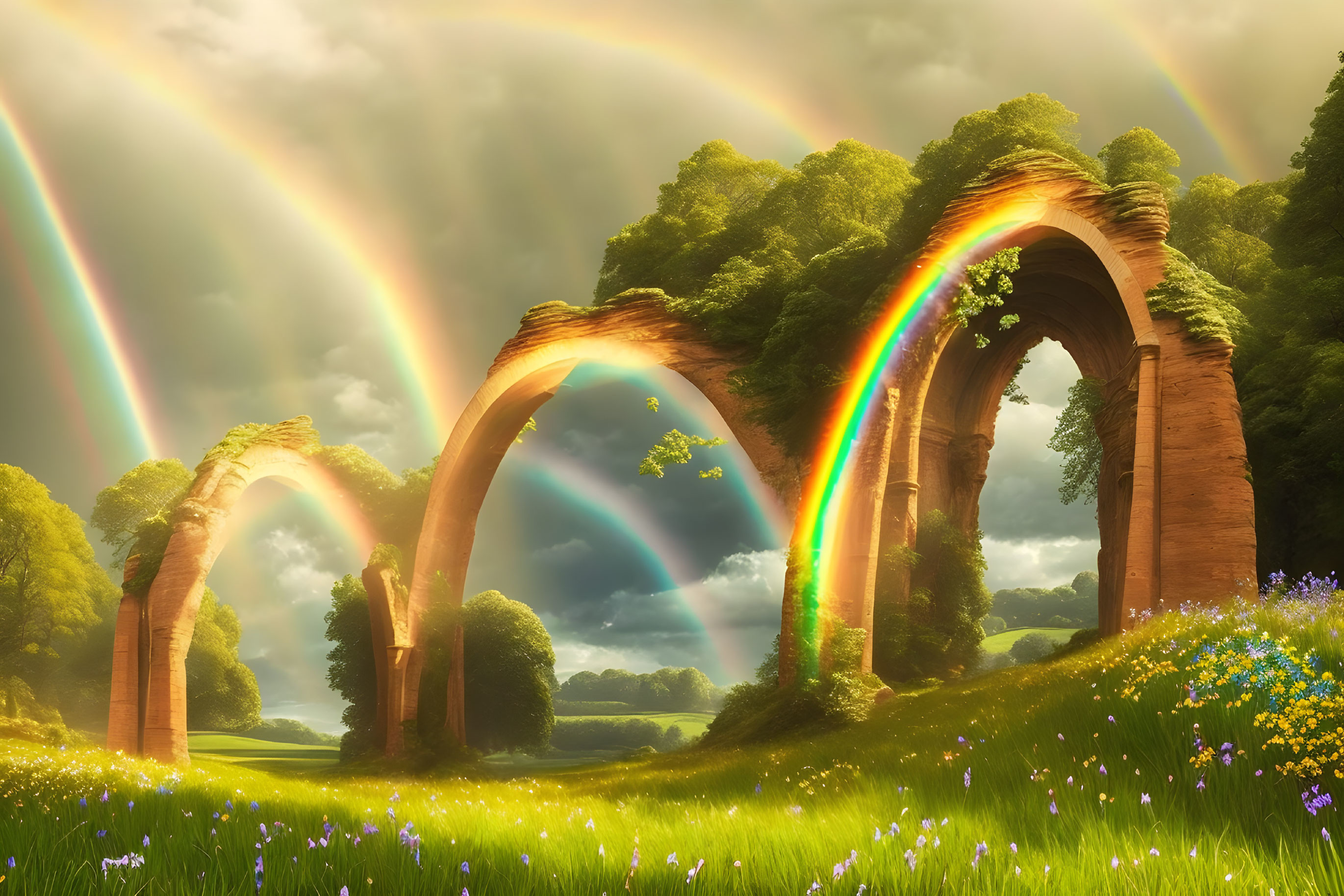 Sunlit Landscape with Ancient Arch Ruins and Double Rainbow