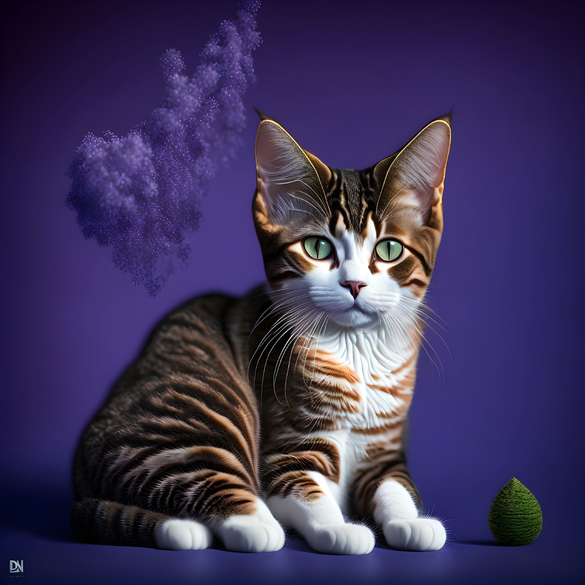 Realistic brown-striped cat with green eyes in digital artwork