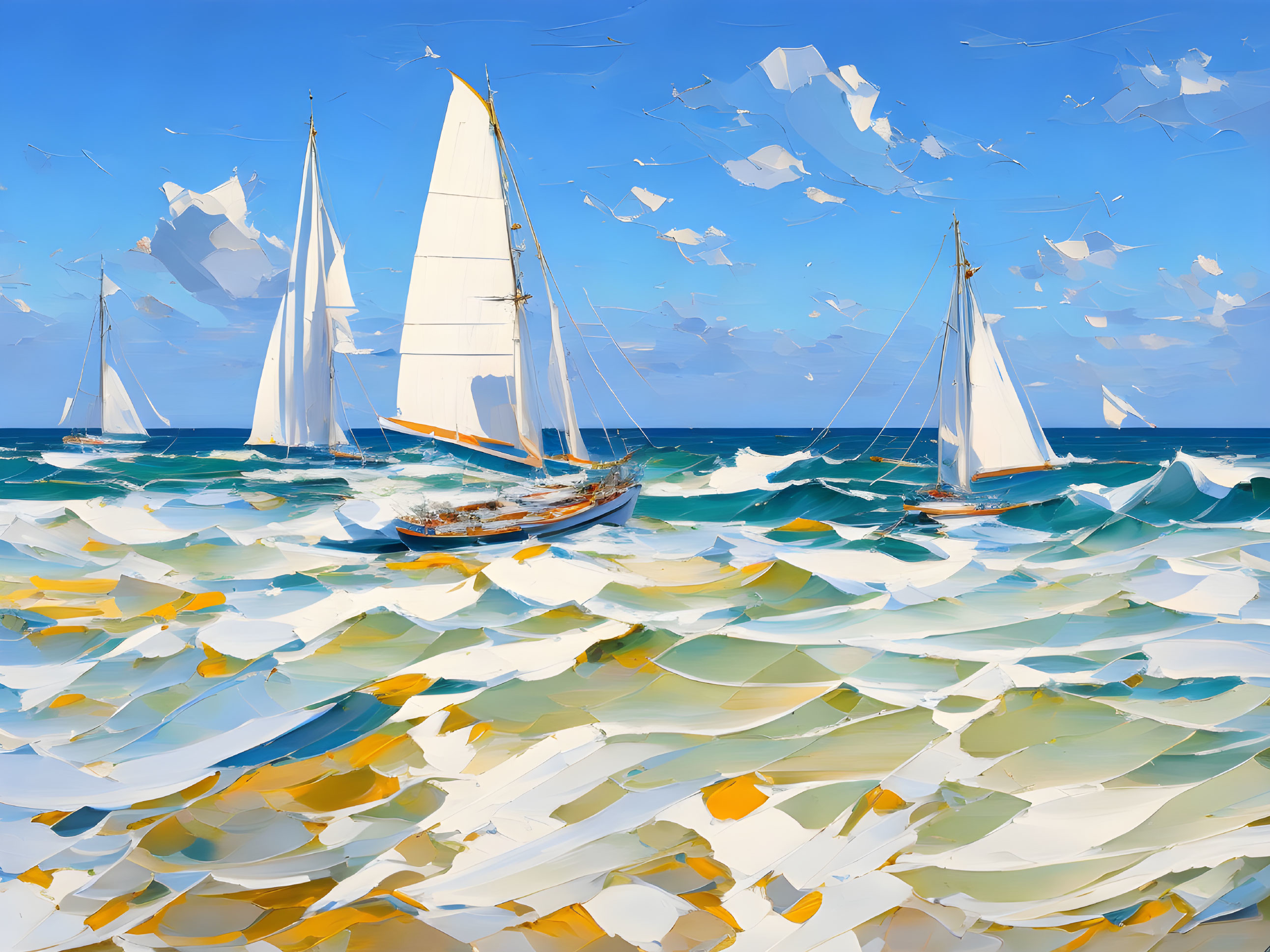 Colorful sailboats on textured ocean waves in vibrant oil painting