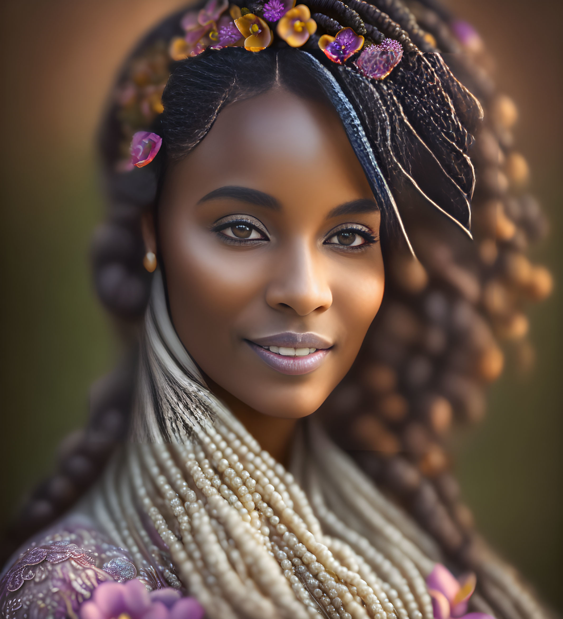 Portrait of a woman with braided hair and floral adornments in lacy top and beaded neck