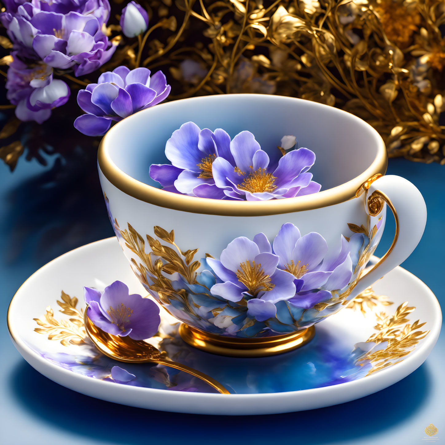 Porcelain tea cup with gold trim and purple flowers on blue backdrop