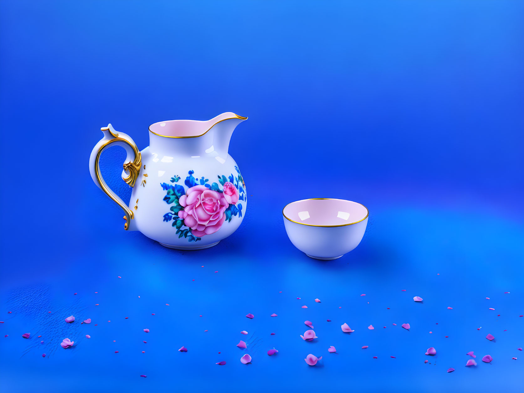 Floral-patterned white teapot and cup with gold accents on blue background with pink petals