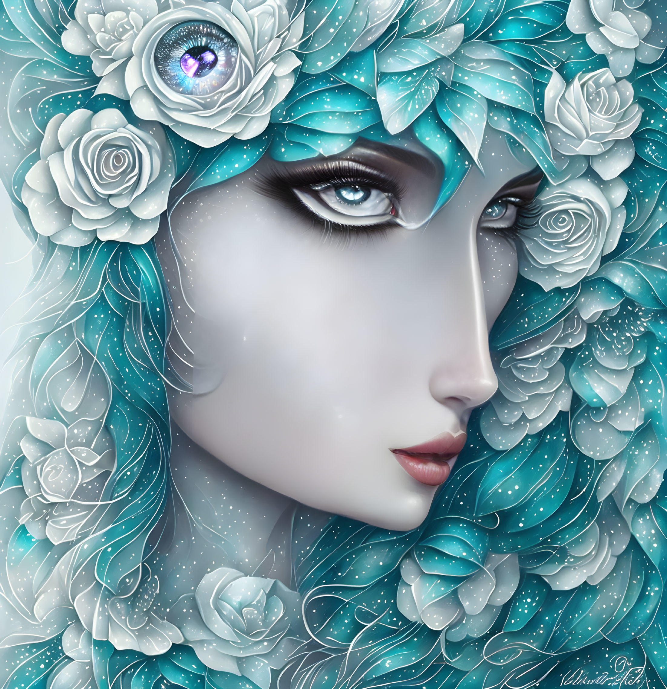 Digital artwork: Woman's face with blue and white roses, leaves, and peacock feather eye.