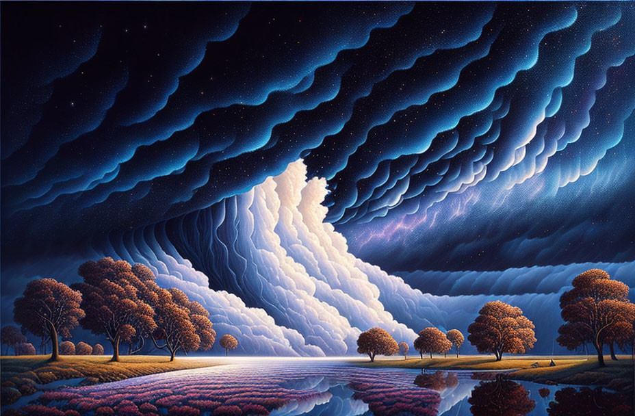 Surreal landscape with clouds over tranquil lake and trees