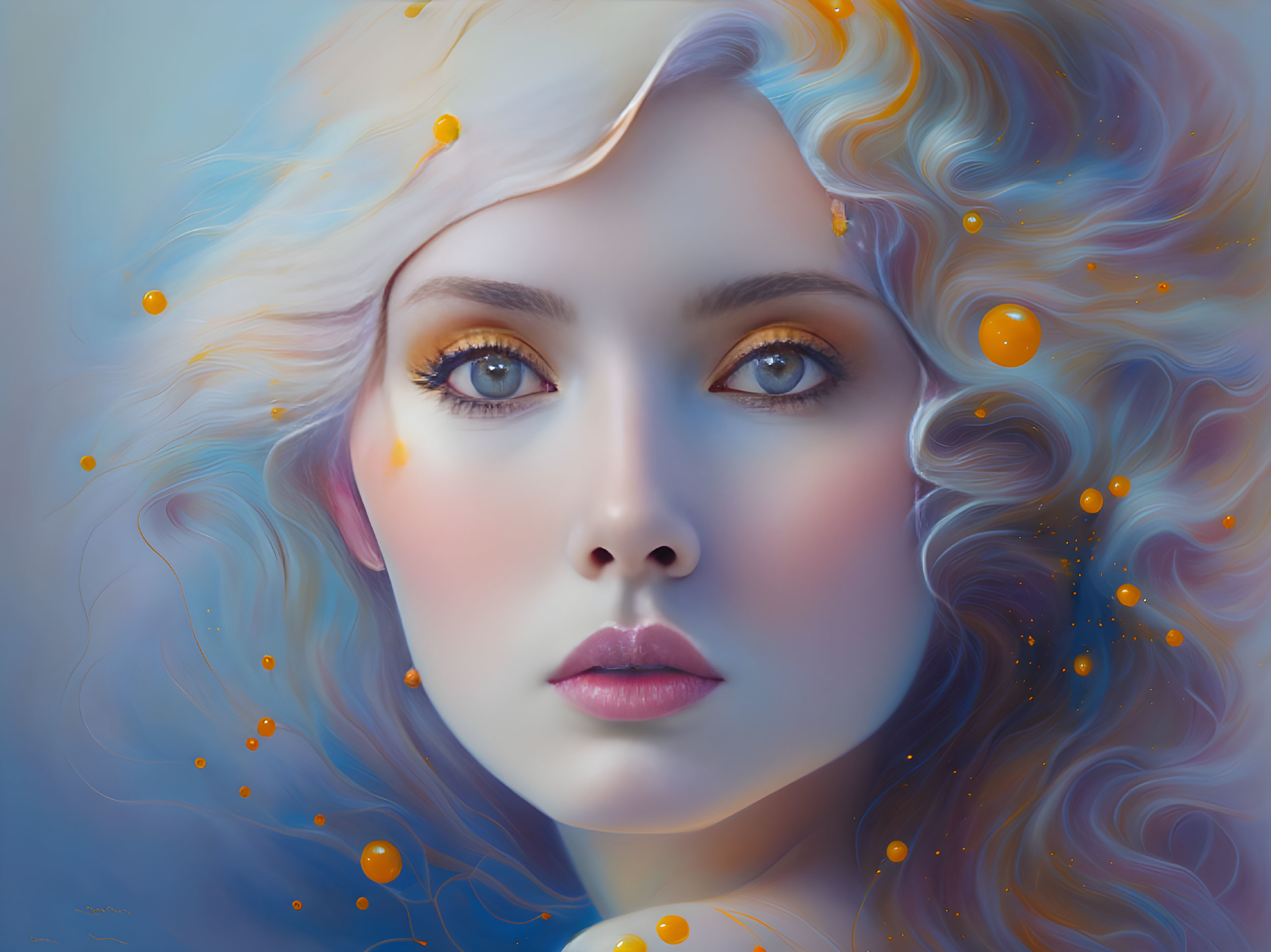 Digital Artwork: Woman with Curly Hair, Blue Eyes, Orange Drops, Blue Background